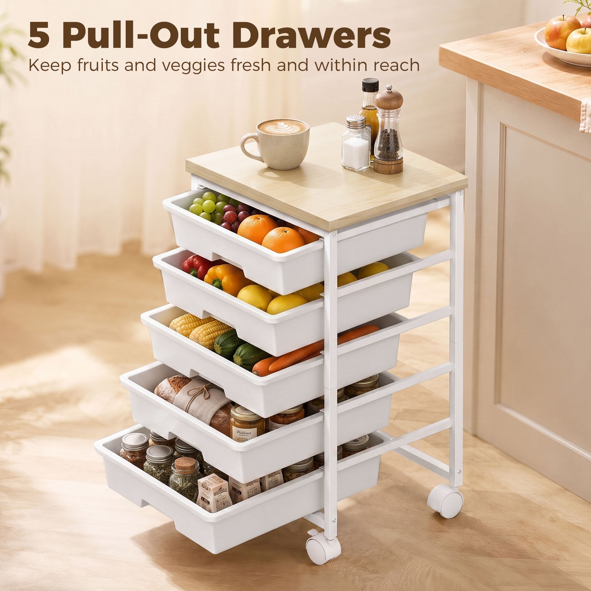 6-Tier Storage Trolley on Wheels, Metal Kitchen Rolling Cart with 5 Pull-Out Drawers, Kitchen Storage Rack for Living Room, Dining Room, Bedroom, Bathroom, White