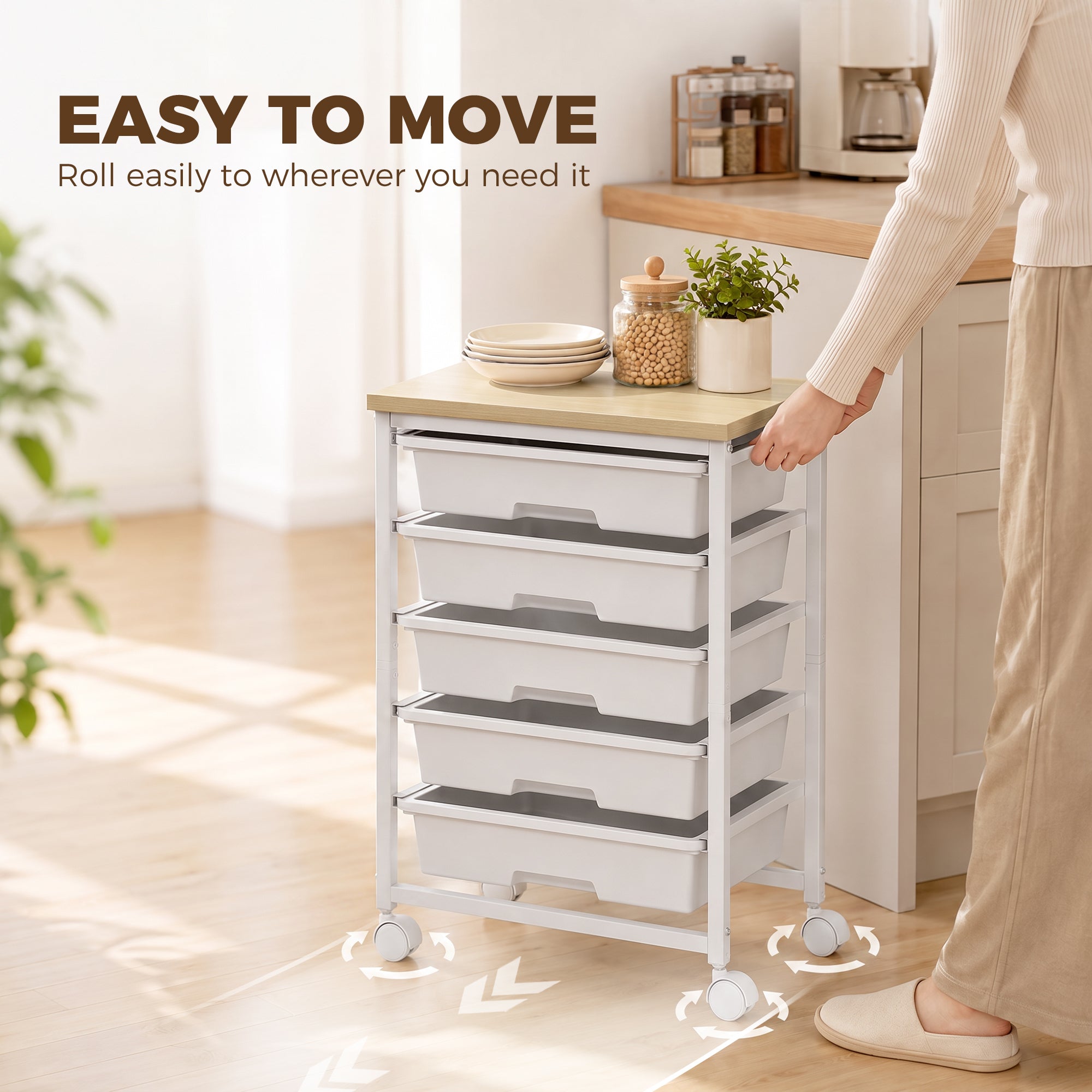 6-Tier Storage Trolley on Wheels, Metal Kitchen Rolling Cart with 5 Pull-Out Drawers, Kitchen Storage Rack for Living Room, Dining Room, Bedroom, Bathroom, White