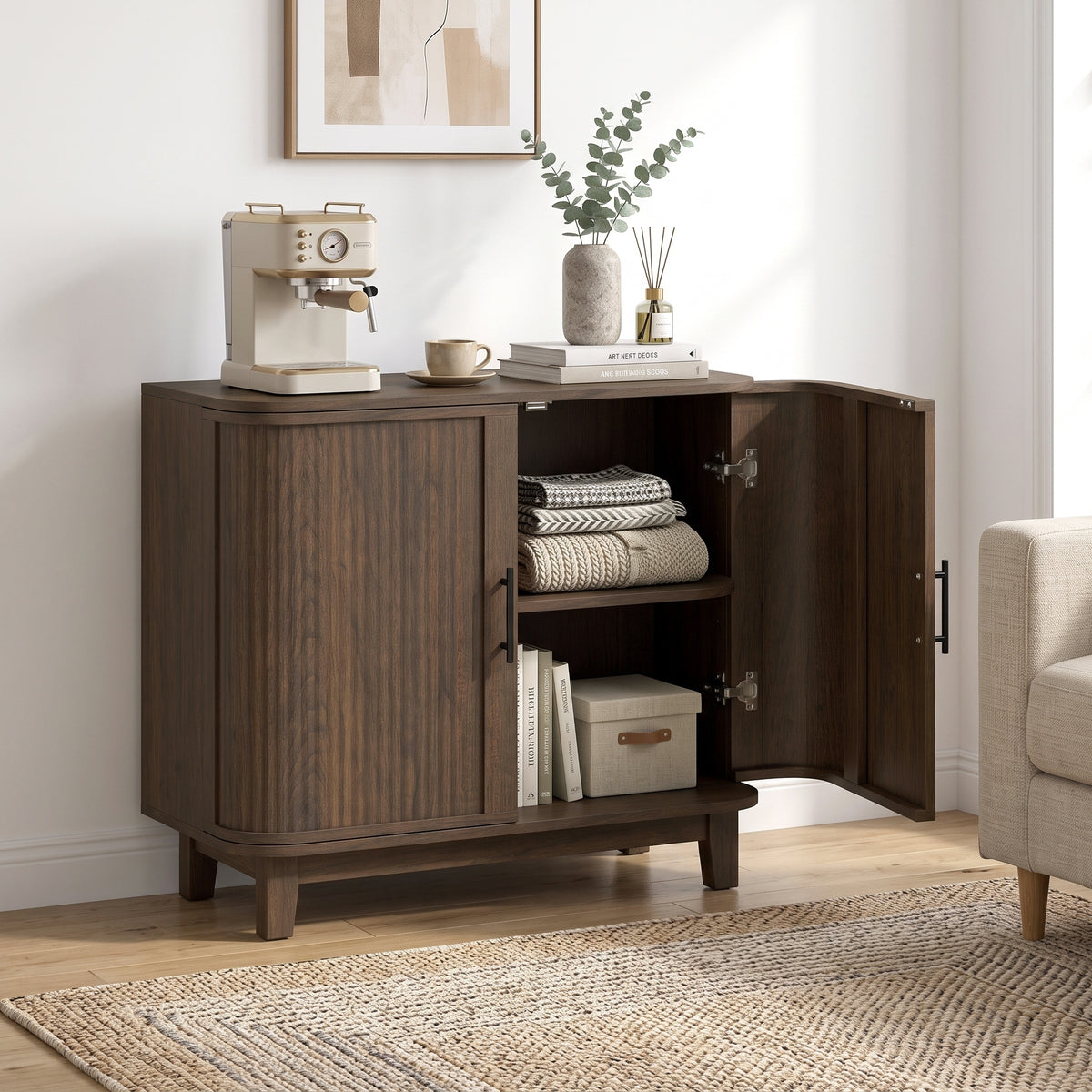 80cm Sideboard Buffet Cabinet, Modern Storage Cabinet with 2 Curved Doors, Adjustable Shelf and Legs for Dining Room, Hallway, Dark Walnut