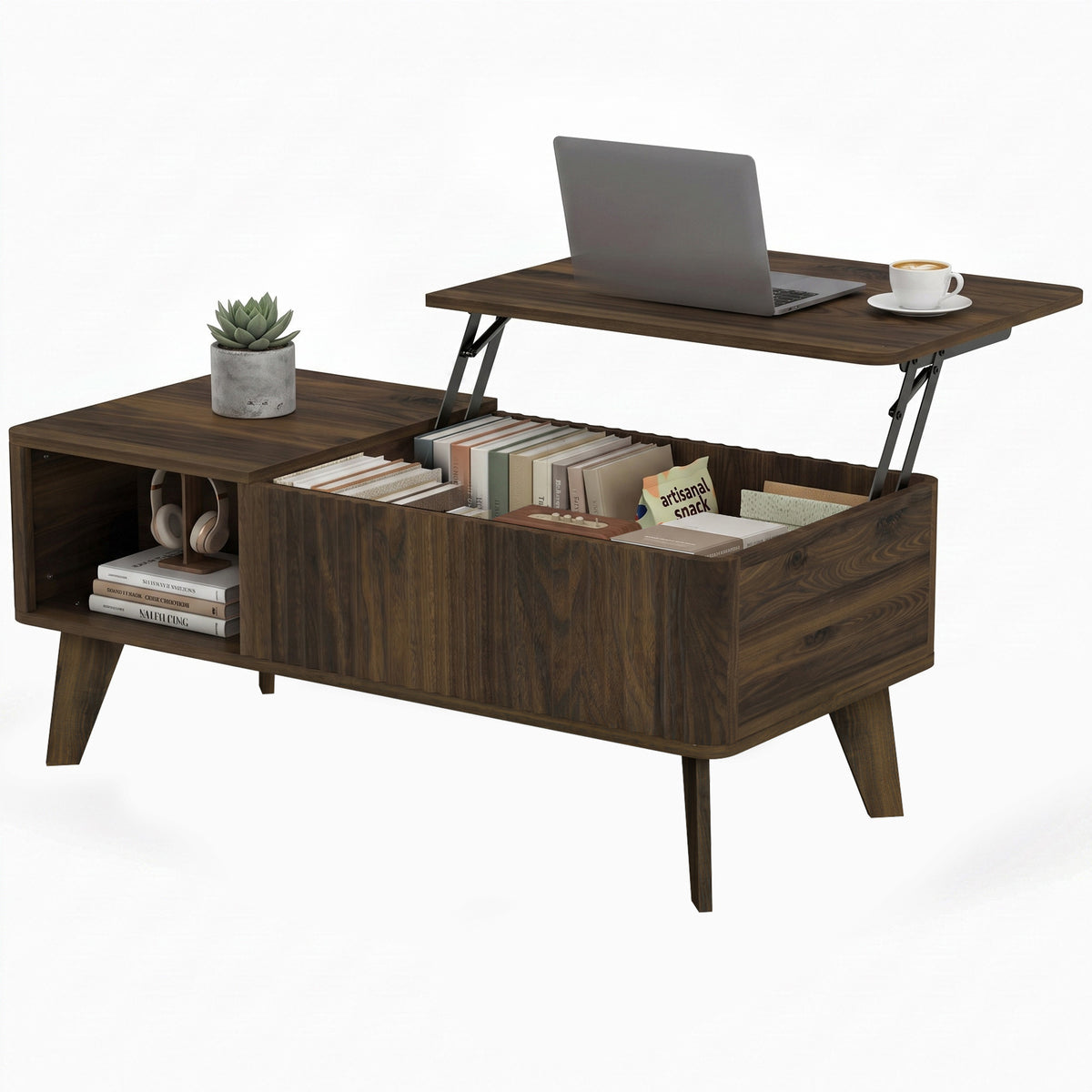 40" Fluted Lift Top Coffee Table with Storage, Mid-Century Modern Coffee Table with Hidden Compartment, Open Shelf and Rounded Corners for Living Room, Walnut