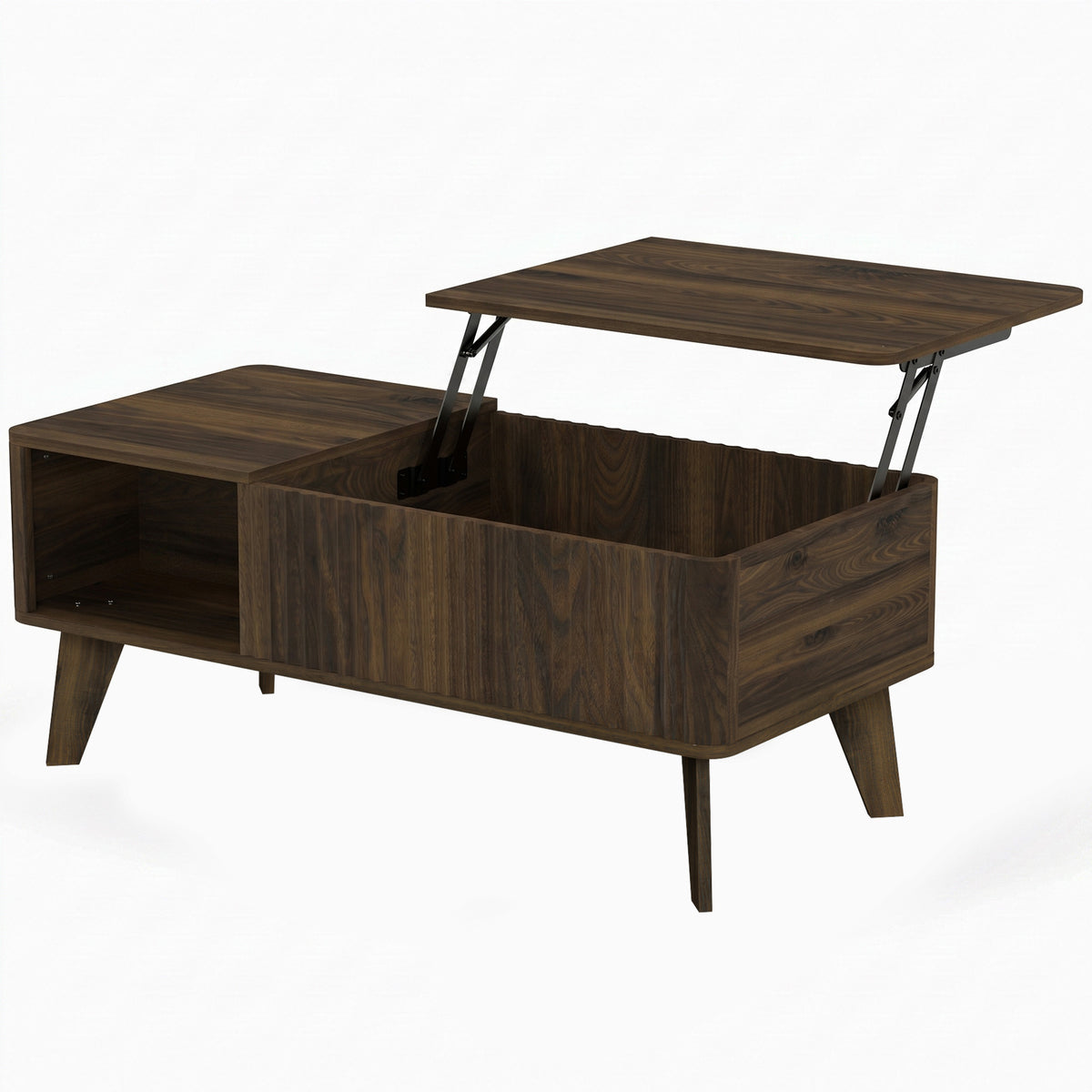 40" Fluted Lift Top Coffee Table with Storage, Mid-Century Modern Coffee Table with Hidden Compartment, Open Shelf and Rounded Corners for Living Room, Walnut