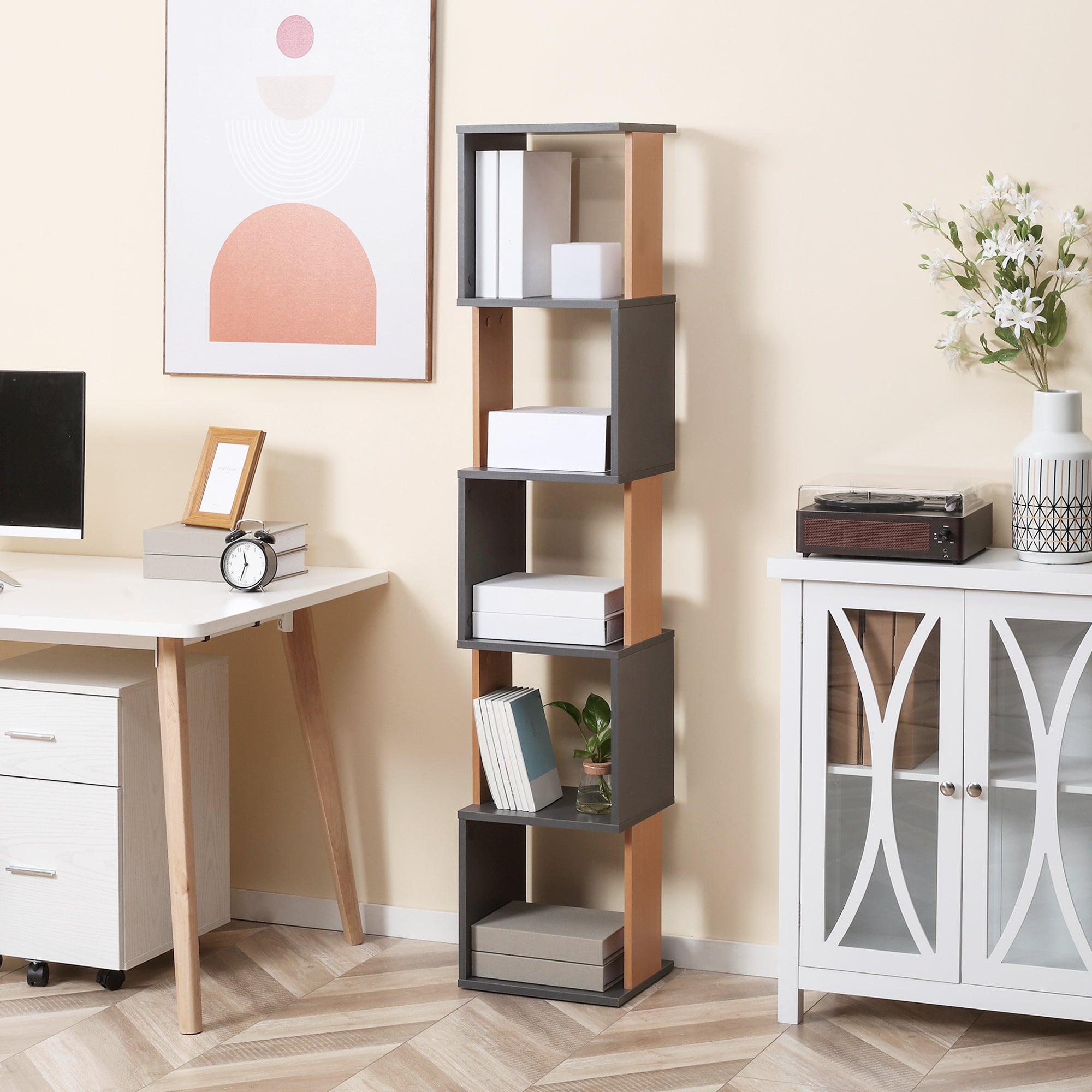 HOMCOM Modern 5-Tier Bookshelf, Freestanding Bookcase Storage Shelving for Living Room Home Office Study, Brown and Dark Grey