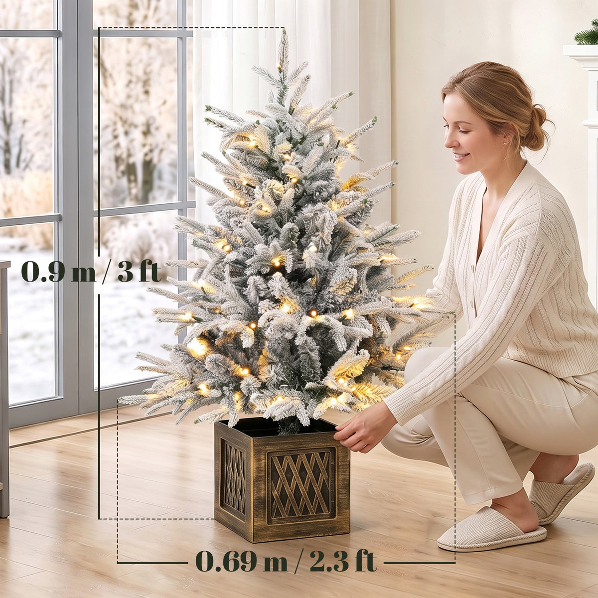 90 cm Prelit Flocked Christmas Tree, Artificial Table Christmas Tree with 70 Warm White LED Lights, 488 Tips, Base Stand, Green White