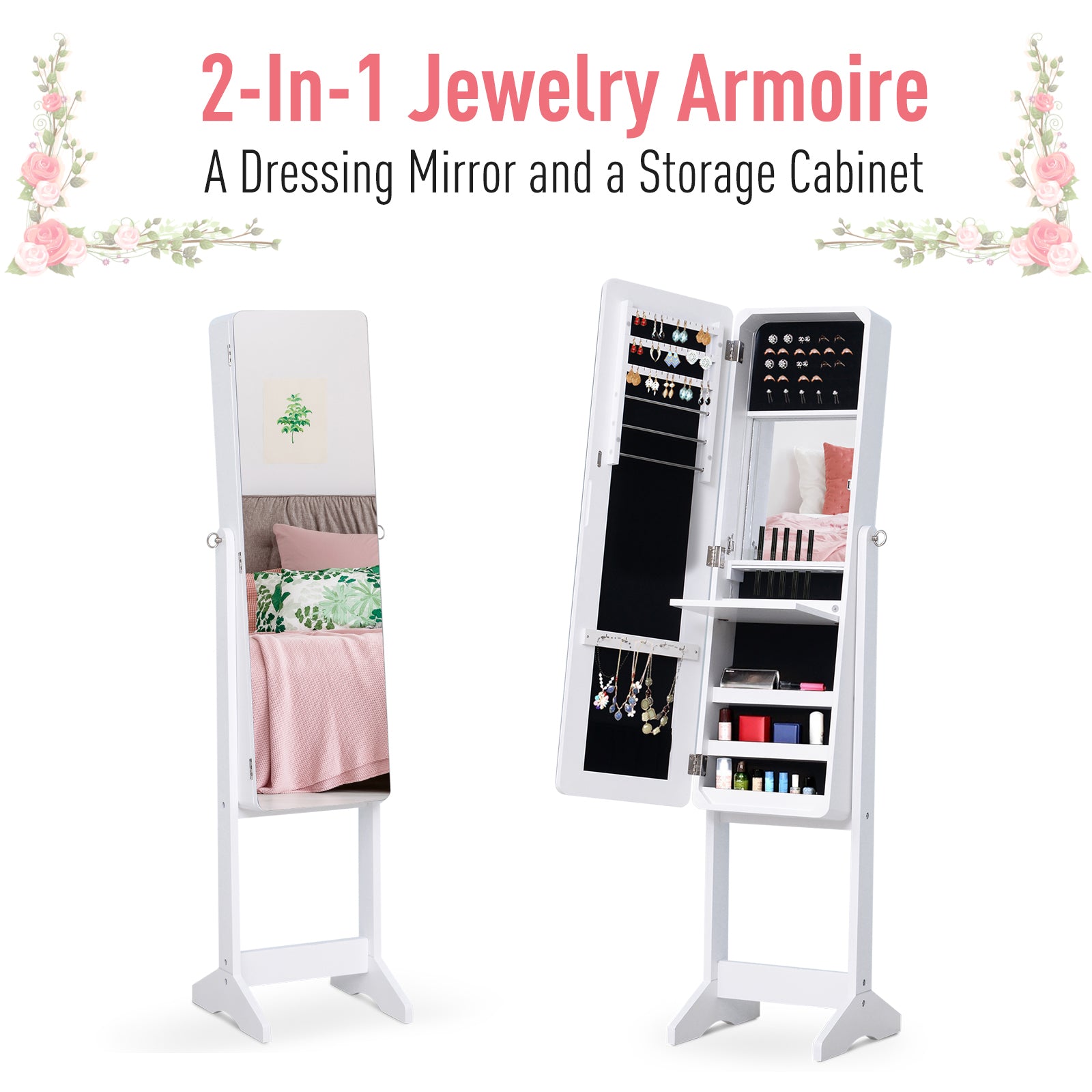 HOMCOM Freestanding Mirrored Jewelry Cabinet, LED Lighted Jewelry Armoire, Storage Organizer with Stand, Angle Adjustable, White