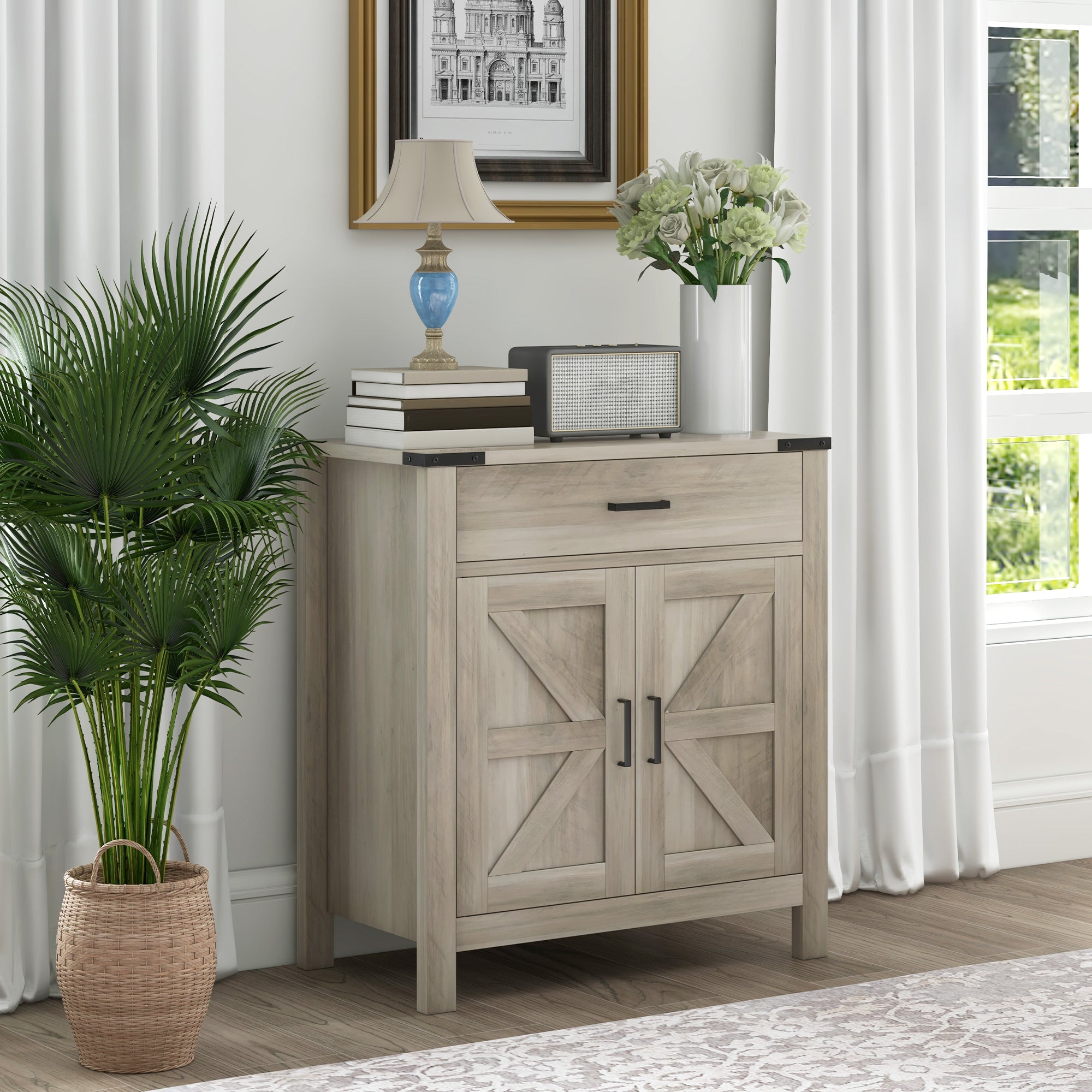 HOMCOM Sideboard with 1 Drawer 1 Storage Cabinet, Buffet Cabinet with Barn-style Doors and Adjustable Shelf, Farmhouse Kitchen Cabinet, Grey