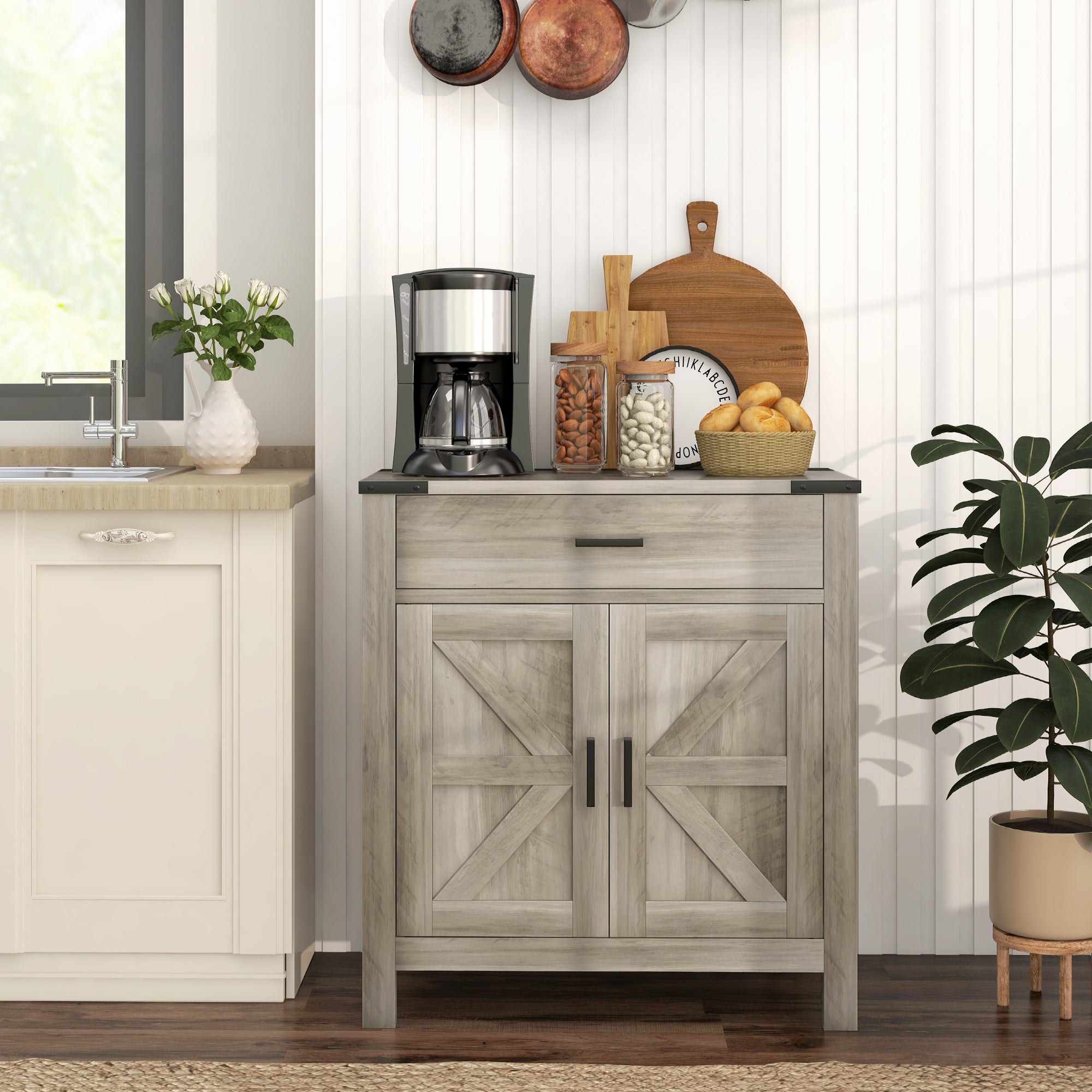 HOMCOM Sideboard with 1 Drawer 1 Storage Cabinet, Buffet Cabinet with Barn-style Doors and Adjustable Shelf, Farmhouse Kitchen Cabinet, Grey