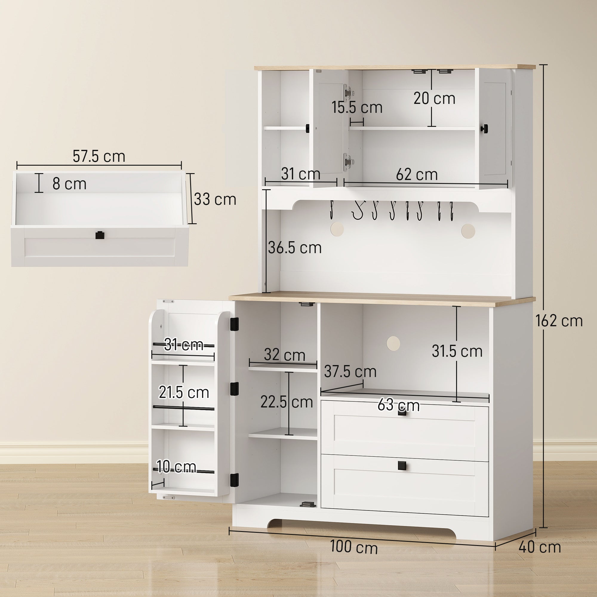 Kitchen Cupboard, Freestanding Kitchen Cabinet with 2 Cabinets, 2 Drawers, Open and Adjustable Shelves, Microwave Stand, Pantry Storage Cupboard for Dining Room and Living Room, White