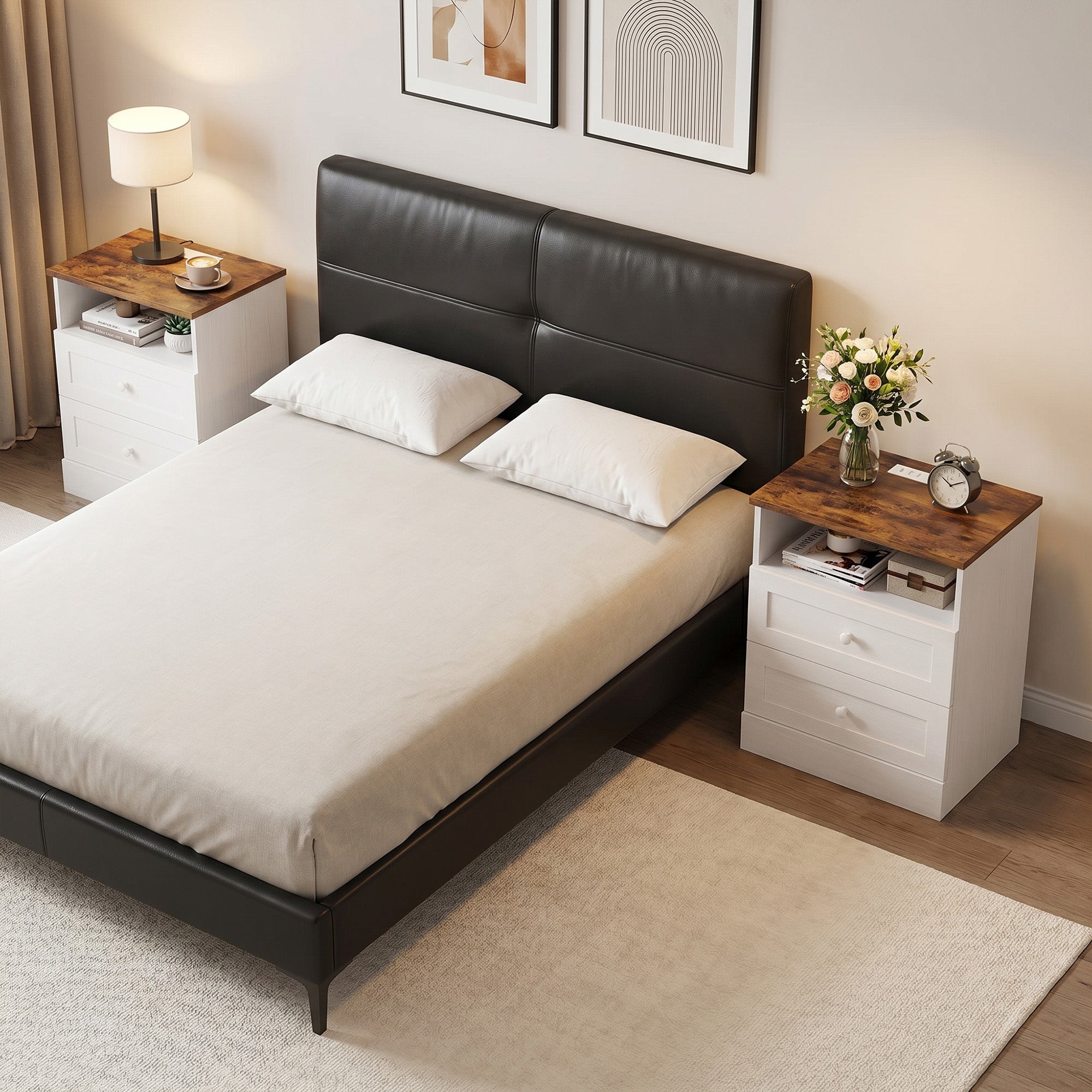 Modern Nightstands Set of 2, Bedside Table with Charging Station, 2 Drawers and Open Shelf, Side End Table for Bedroom, White and Oak