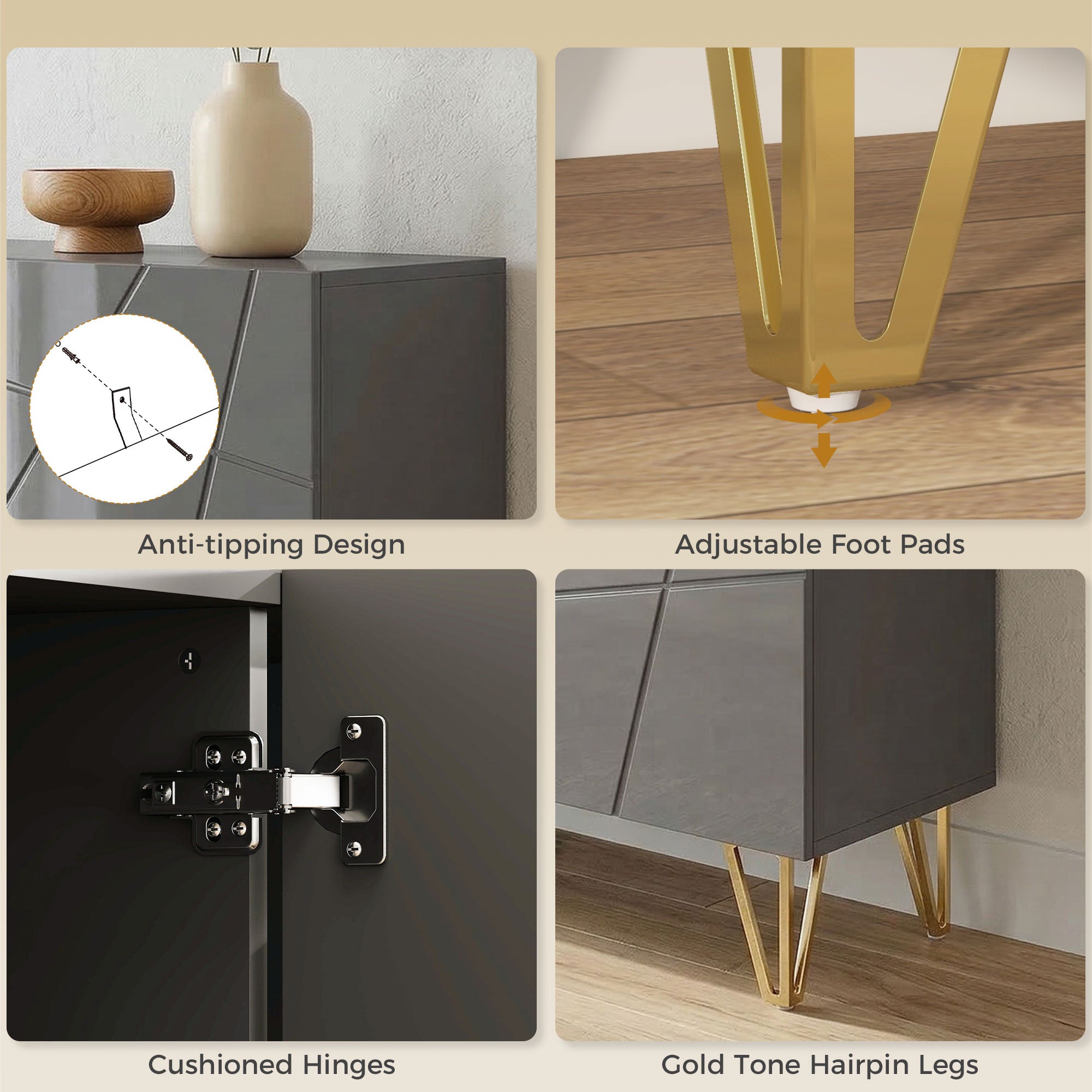 Storage Cabinet with High Gloss, Freestanding Sideboard with Adjustable Shelves, Soft-Close Doors and Gold Tone Hairpin Legs for Living Room, Dining Room, Hallway, Grey