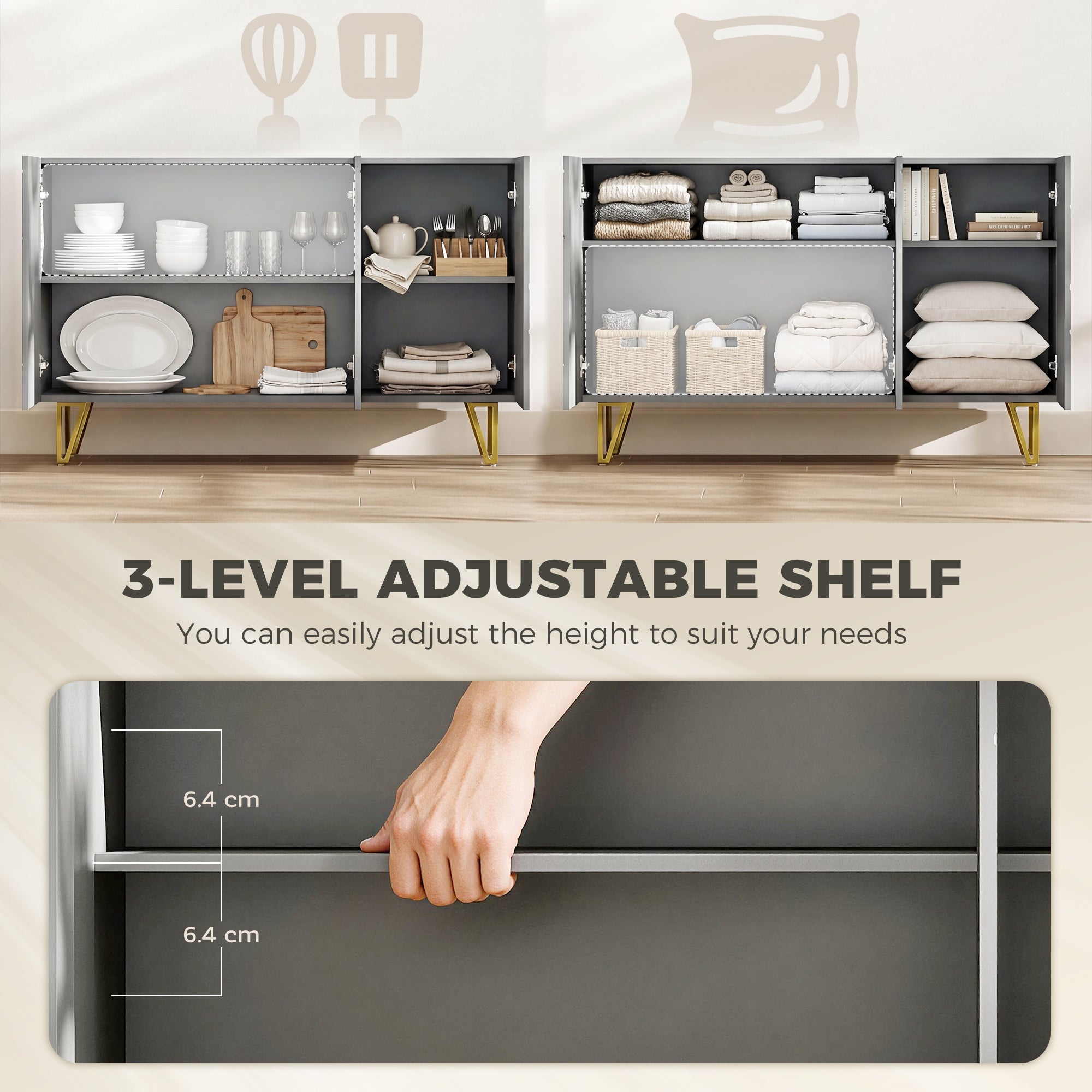 Storage Cabinet with High Gloss, Freestanding Sideboard with Adjustable Shelves, Soft-Close Doors and Gold Tone Hairpin Legs for Living Room, Dining Room, Hallway, Grey
