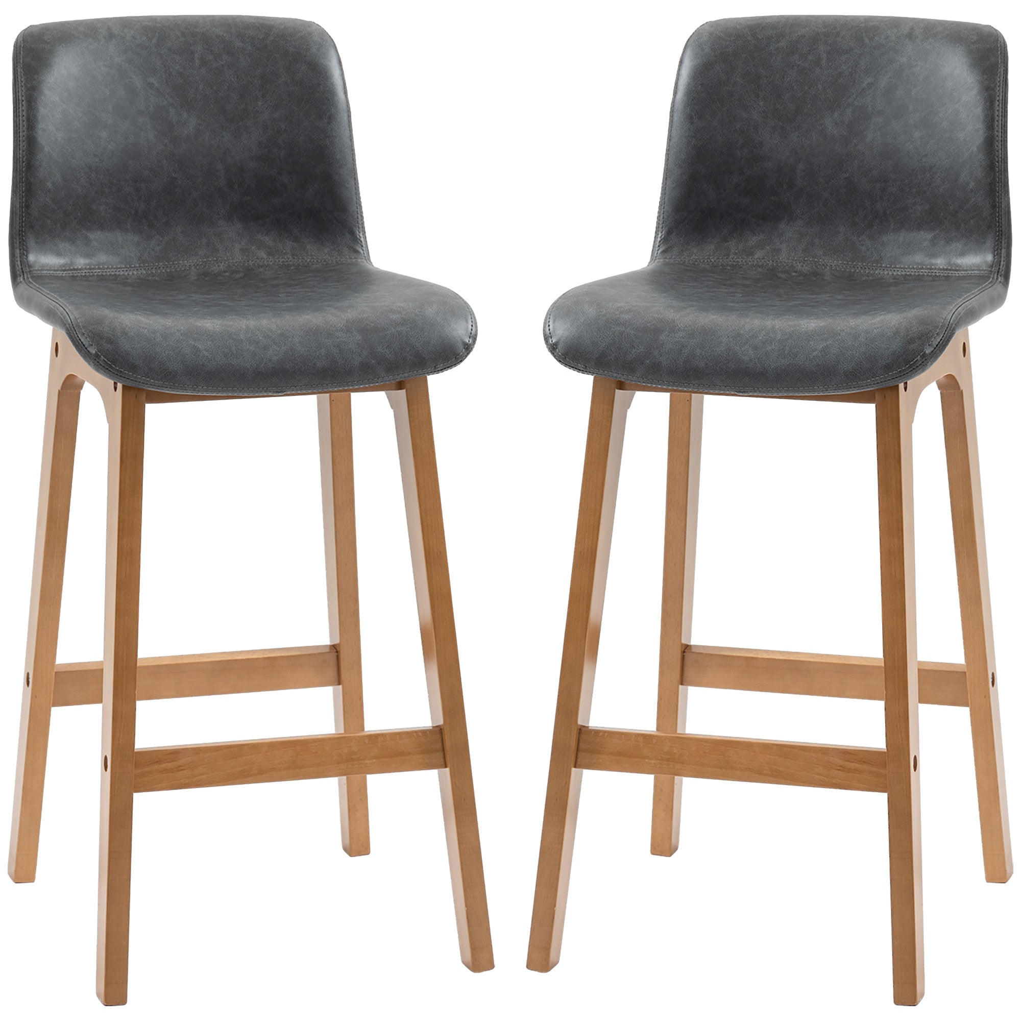 HOMCOM Modern Bar Stools Set of 2, Counter Height Bar Chair with PU Leather Wooden Frame Padding Seats for Dining Room, Home Bar, Grey