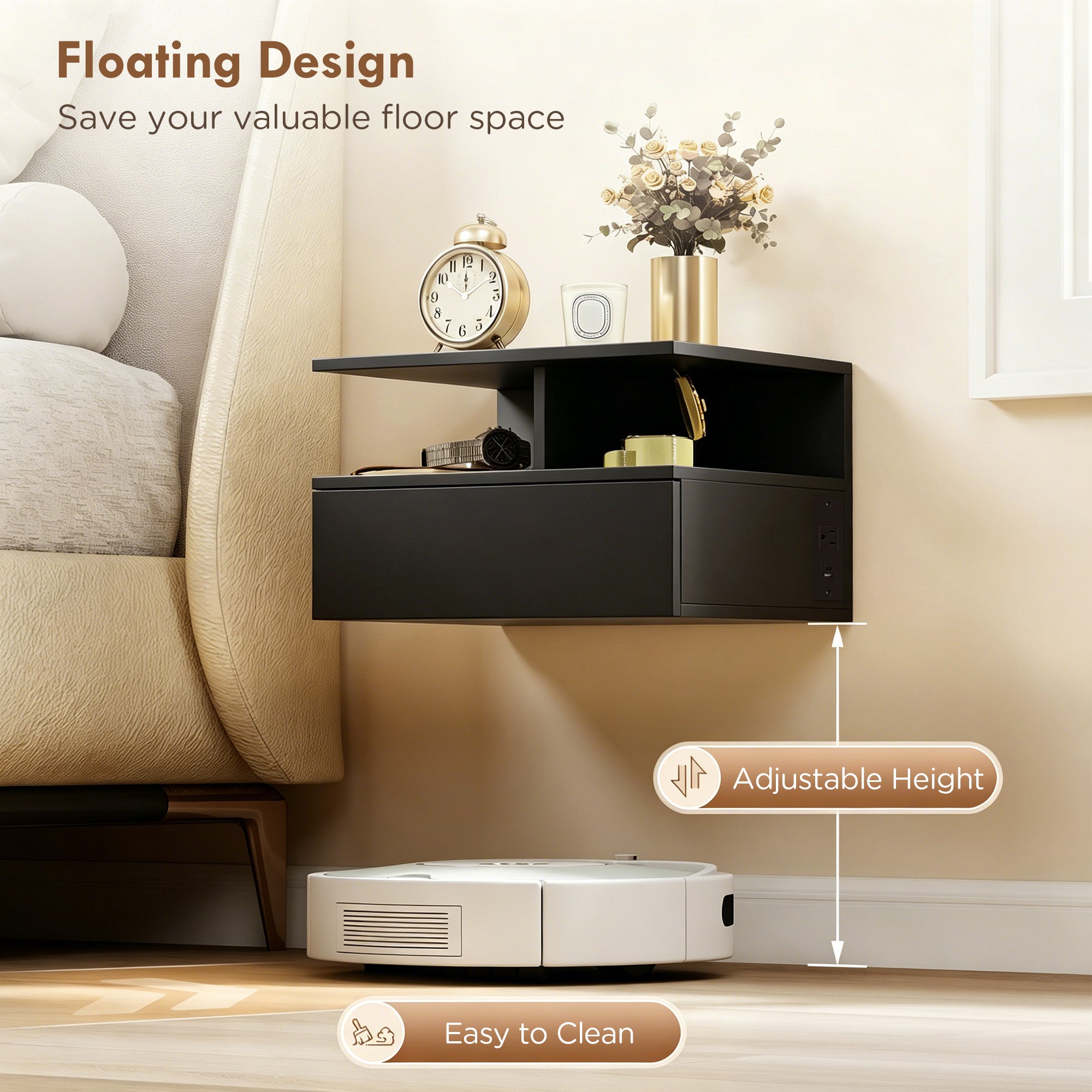 Floating Nightstand Set of 2, Wall Mounted Bedside Table with Power Outlets, Drawer and Open Shelf, Small Night Stand for Bedroom, Black