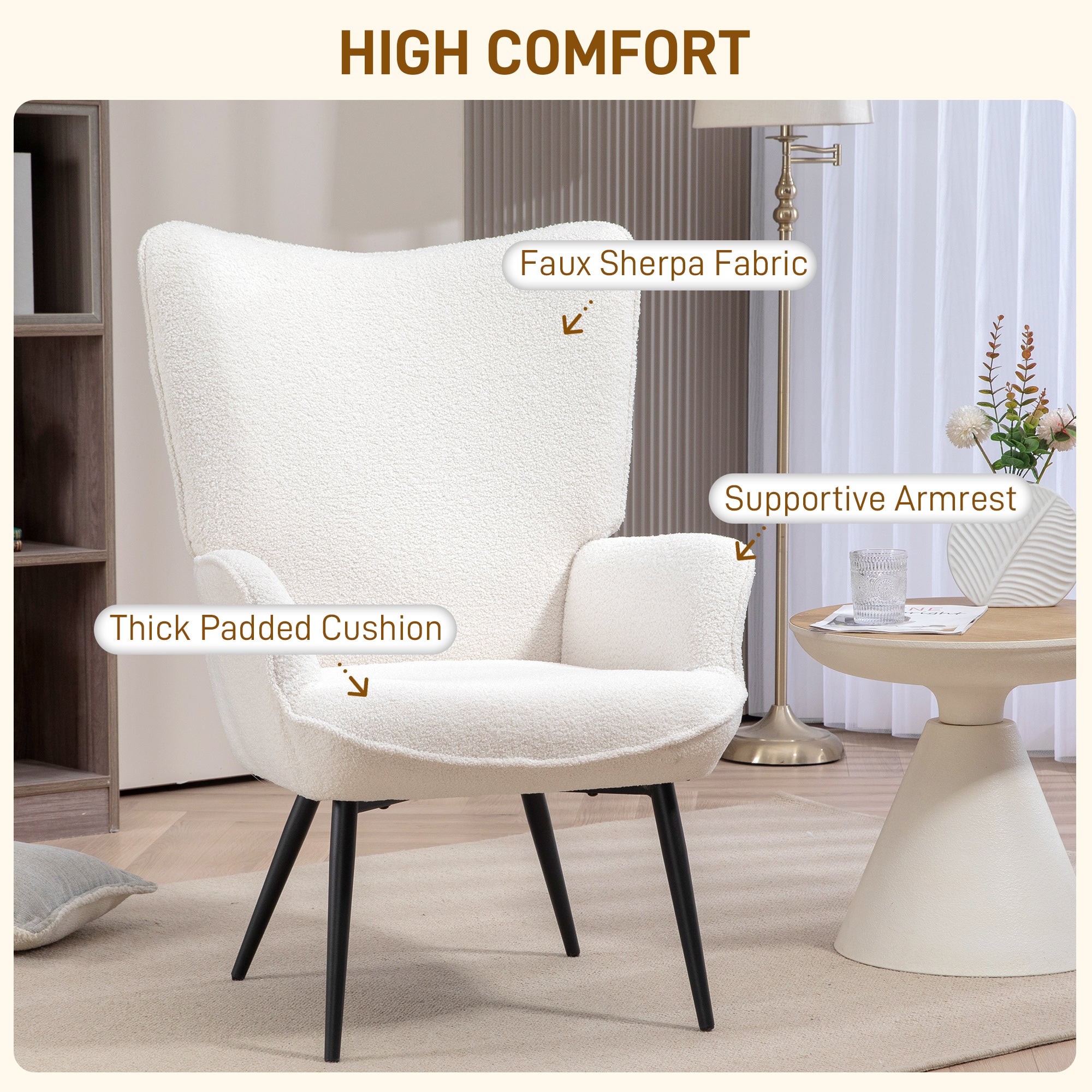 HOMCOM Modern Sherpa Boucle Accent Chair, Upholstered Wingback Armchair, Fluffy Vanity Chair for Living Room, Bedroom, Reading Room, Cream White