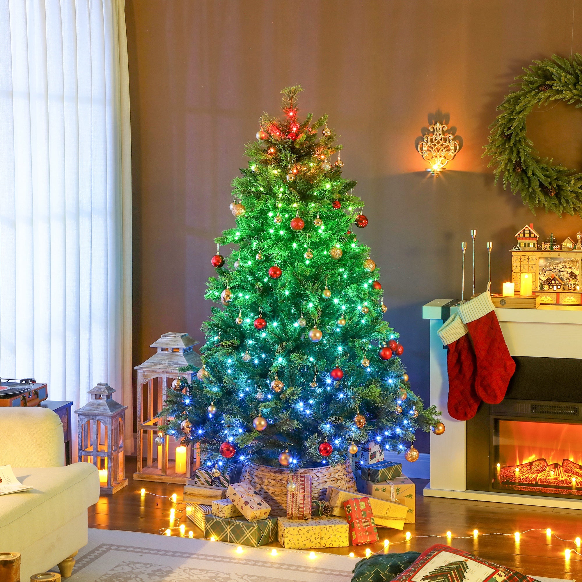 180cm Prelit Christmas Tree with Colourful DIY LED Lights, Carolina Pine, Hinged Xmas Tree with 2123 Tips, Realistic Branches, 12 Modes, Daily Timer, Adjustable Brightness and Speed, Remote