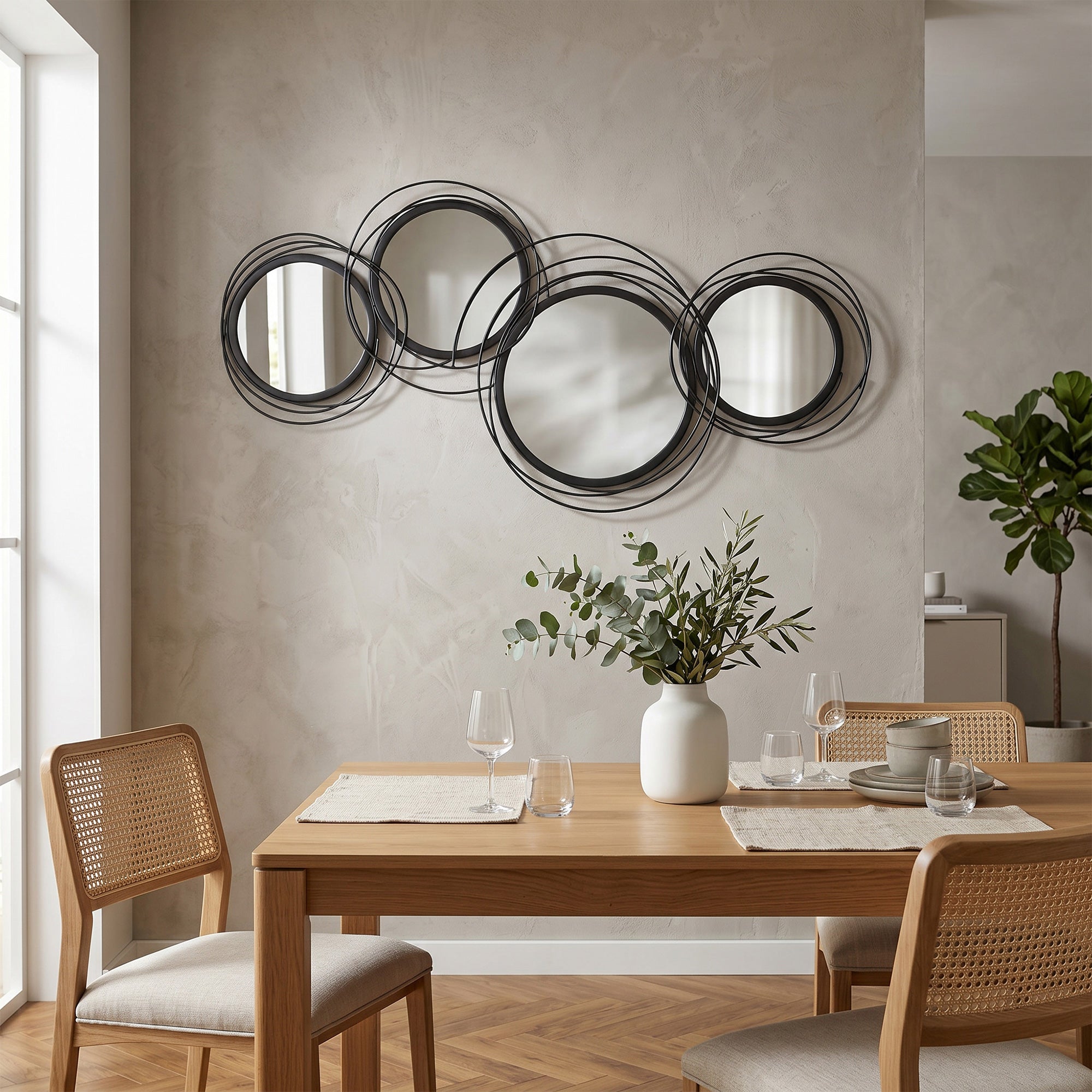 Metal Wall Art 56cm Modern Decorative Mirror Decor Hanging Home Wall Sculptures for Living Room Bedroom Dining Room, Black