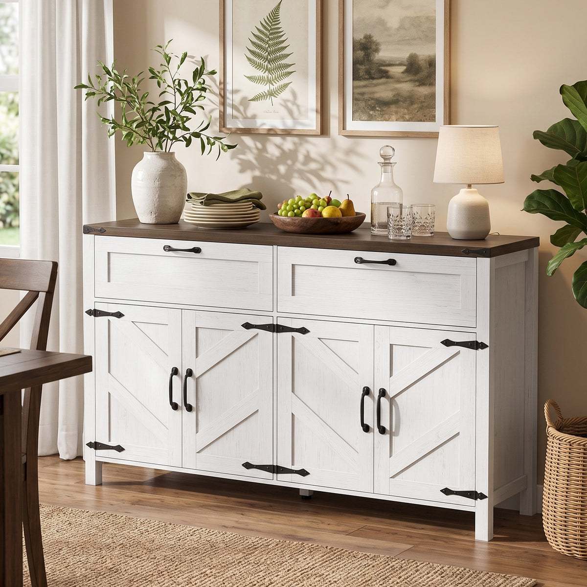 Sideboard Buffet Cabinet with Storage, 55" Large Farmhouse Kitchen Storage Cabinet with 2 Drawers and 4 Doors, Coffee Bar Station with Adjustable Shelves