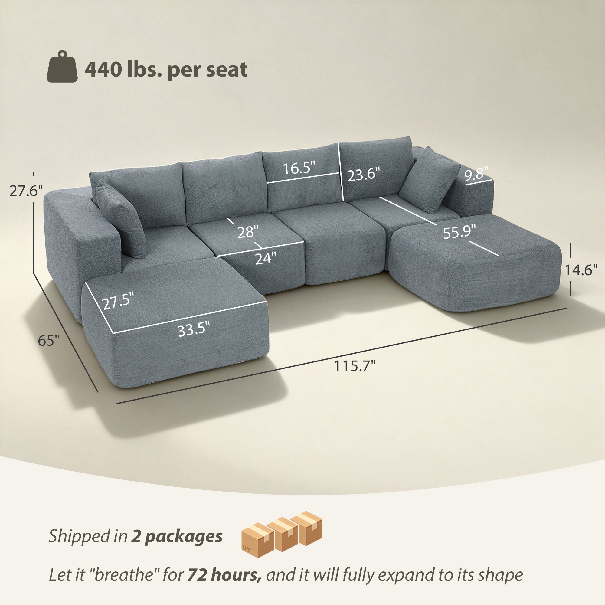 116" Modular Sectional Sofa, Boneless Sectional Couch with Wide and Deep Seat, 4 Seat U-Shape Sofa Couch with 2 Ottomans for Living Room Apartments Bedroom, No Assembly Required, Dark Gray