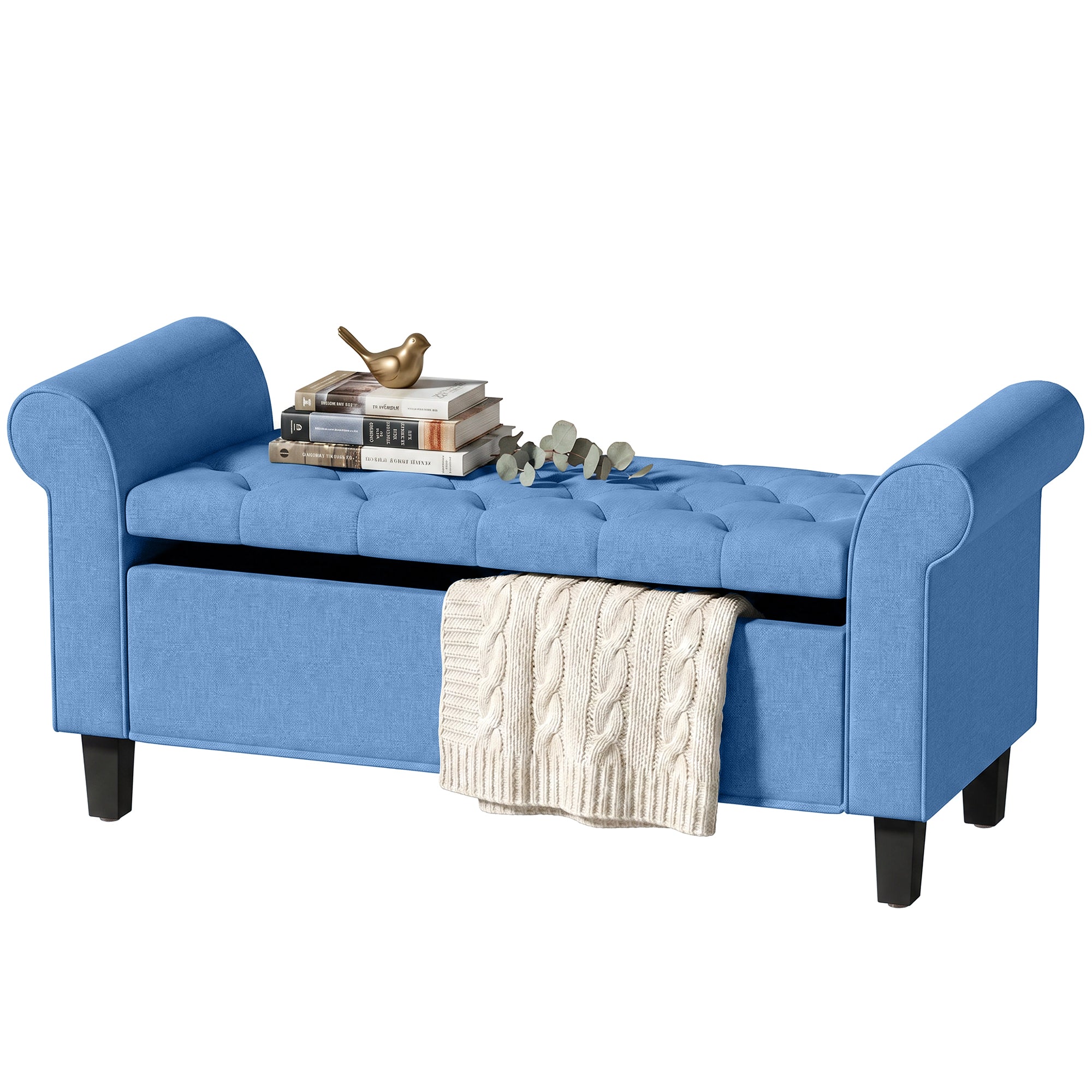 47" Storage Ottoman Bench, Tufted Long Ottoman with Storage Chest, Rolled Arms, Safety Hinge, Wooden Legs, Upholstered End of Bed Bench, 528 lbs for Bedroom, Entryway, Living Room, Blue