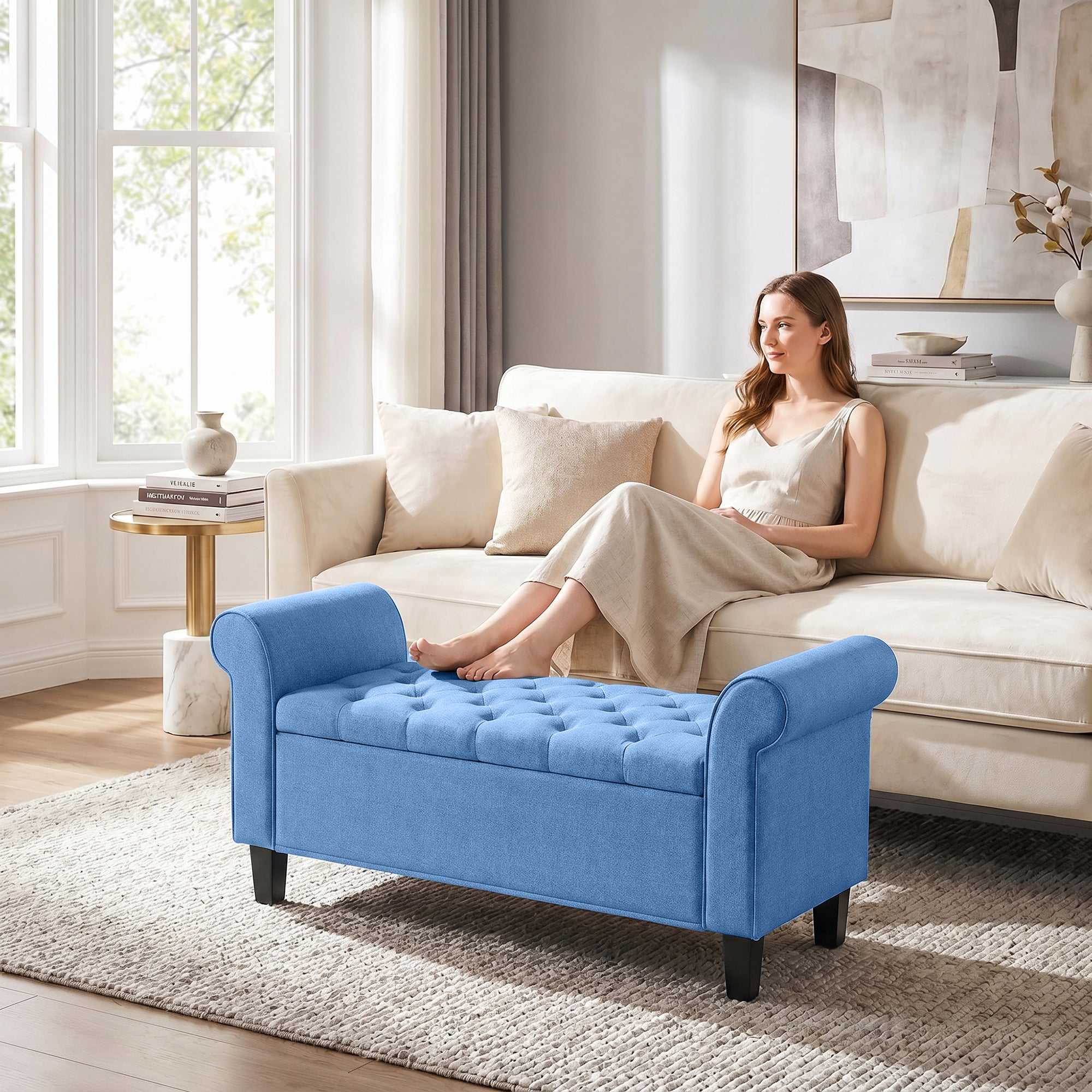 47" Storage Ottoman Bench, Tufted Long Ottoman with Storage Chest, Rolled Arms, Safety Hinge, Wooden Legs, Upholstered End of Bed Bench, 528 lbs for Bedroom, Entryway, Living Room, Blue