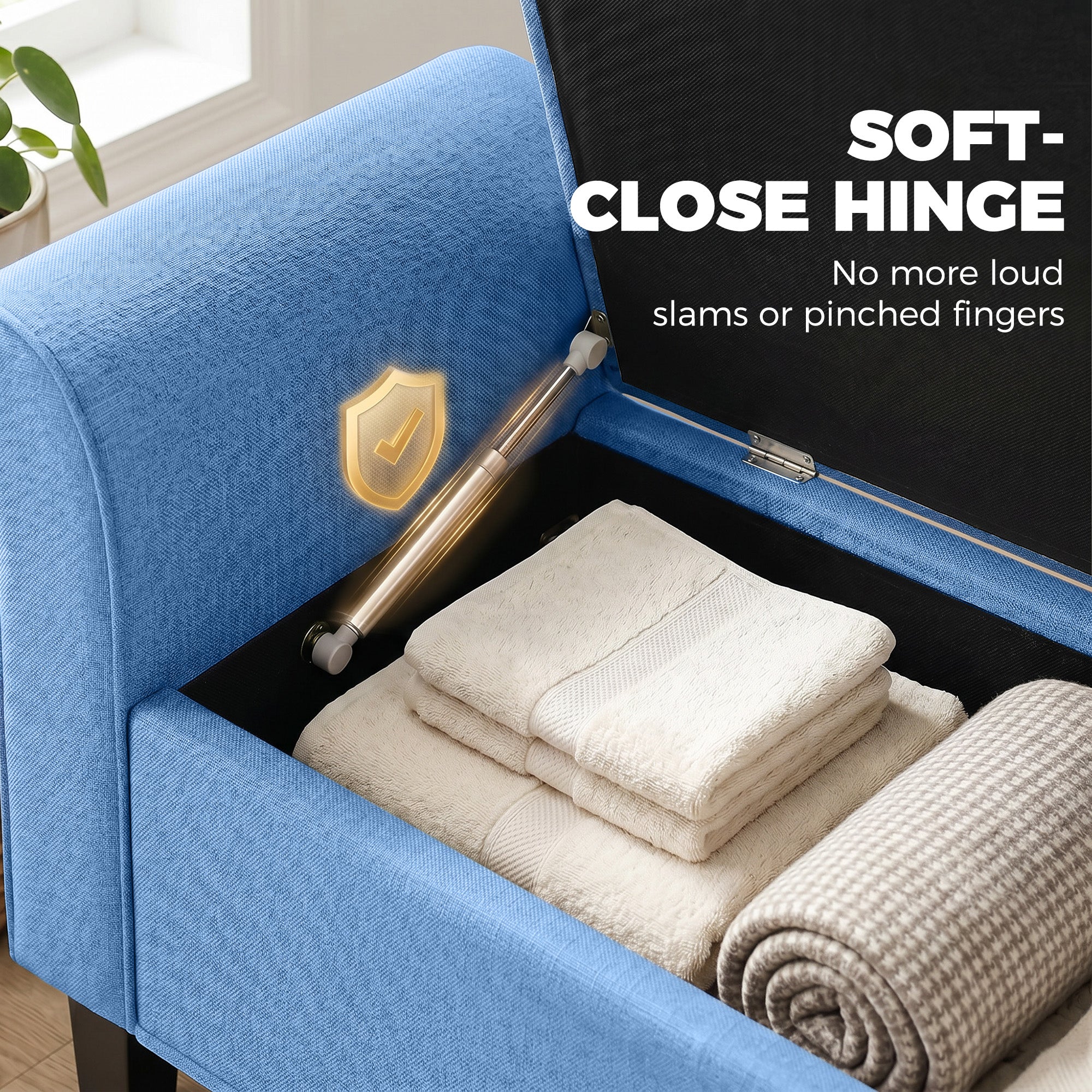 47" Storage Ottoman Bench, Tufted Long Ottoman with Storage Chest, Rolled Arms, Safety Hinge, Wooden Legs, Upholstered End of Bed Bench, 528 lbs for Bedroom, Entryway, Living Room, Blue