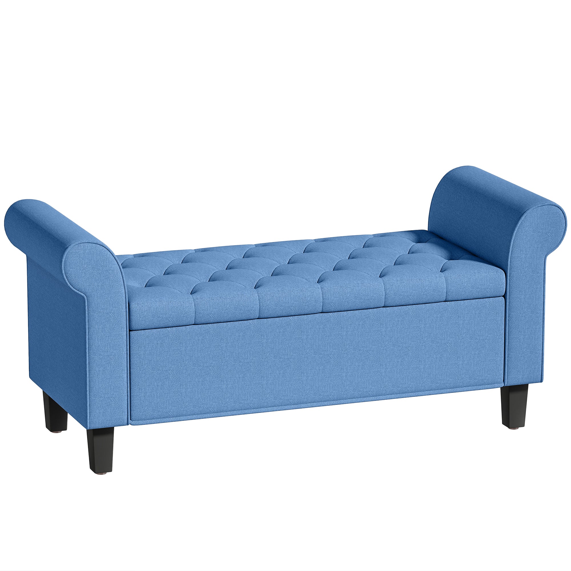 47" Storage Ottoman Bench, Tufted Long Ottoman with Storage Chest, Rolled Arms, Safety Hinge, Wooden Legs, Upholstered End of Bed Bench, 528 lbs for Bedroom, Entryway, Living Room, Blue