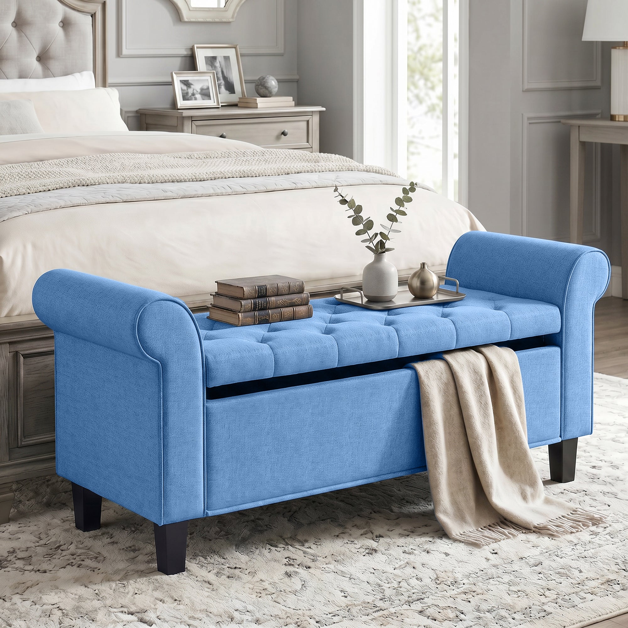 47" Storage Ottoman Bench, Tufted Long Ottoman with Storage Chest, Rolled Arms, Safety Hinge, Wooden Legs, Upholstered End of Bed Bench, 528 lbs for Bedroom, Entryway, Living Room, Blue