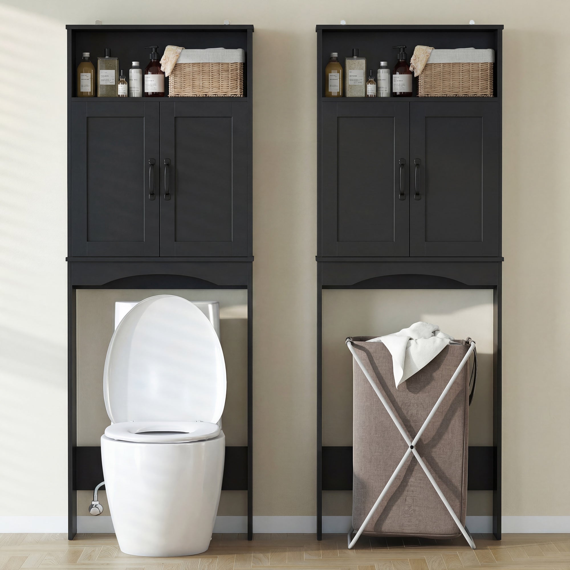 Over the Toilet Storage Cabinet, Over Toilet Bathroom Organizer with 2 Doors and Open Shelf, Freestanding Above Restroom Space Saver for Bathroom, Laundry, Restroom, Black
