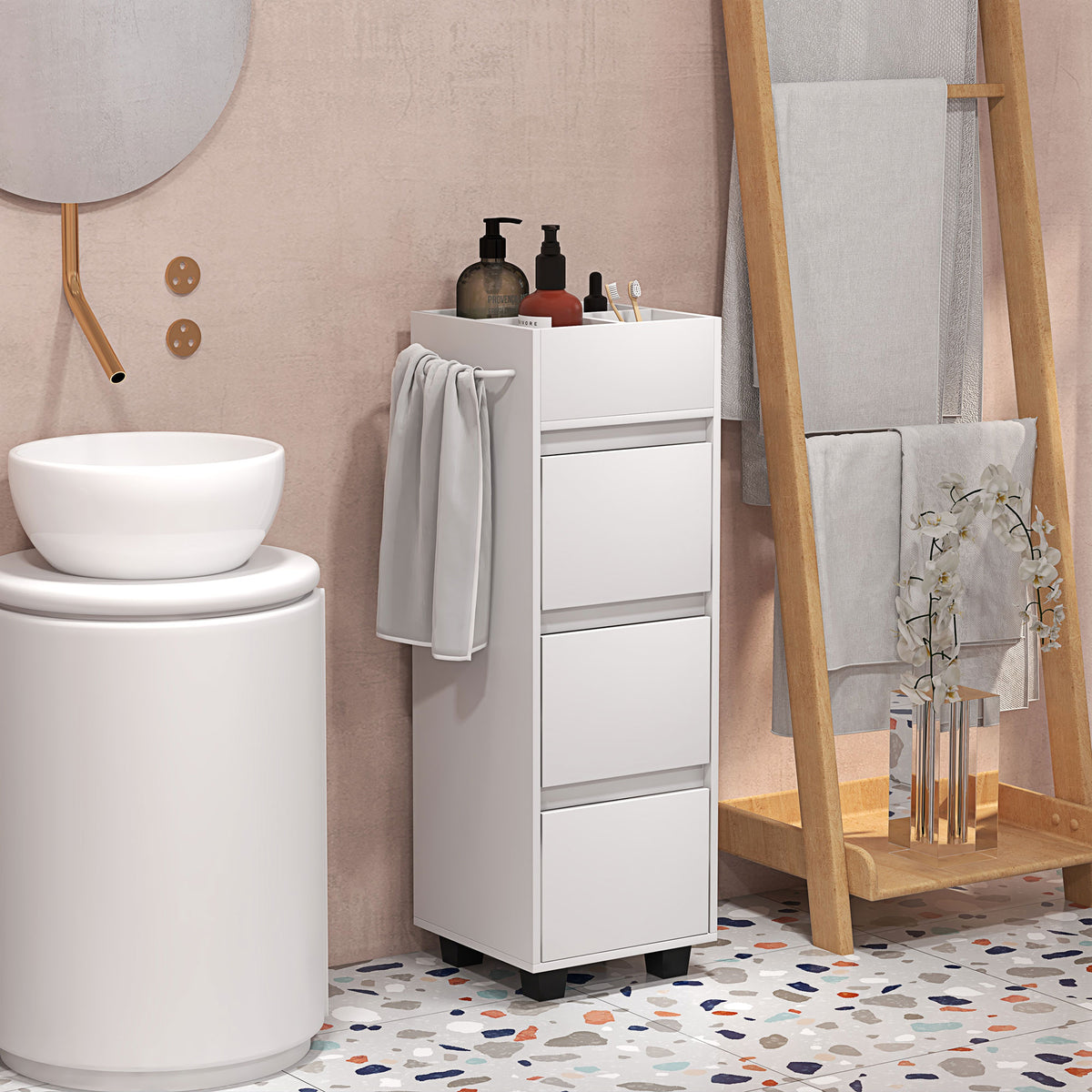 Slim Bathroom Cabinet, Bathroom Storage Cabinet with 4 Top Compartments, 3 Drawers & Towel Rack for Narrow Spaces, White