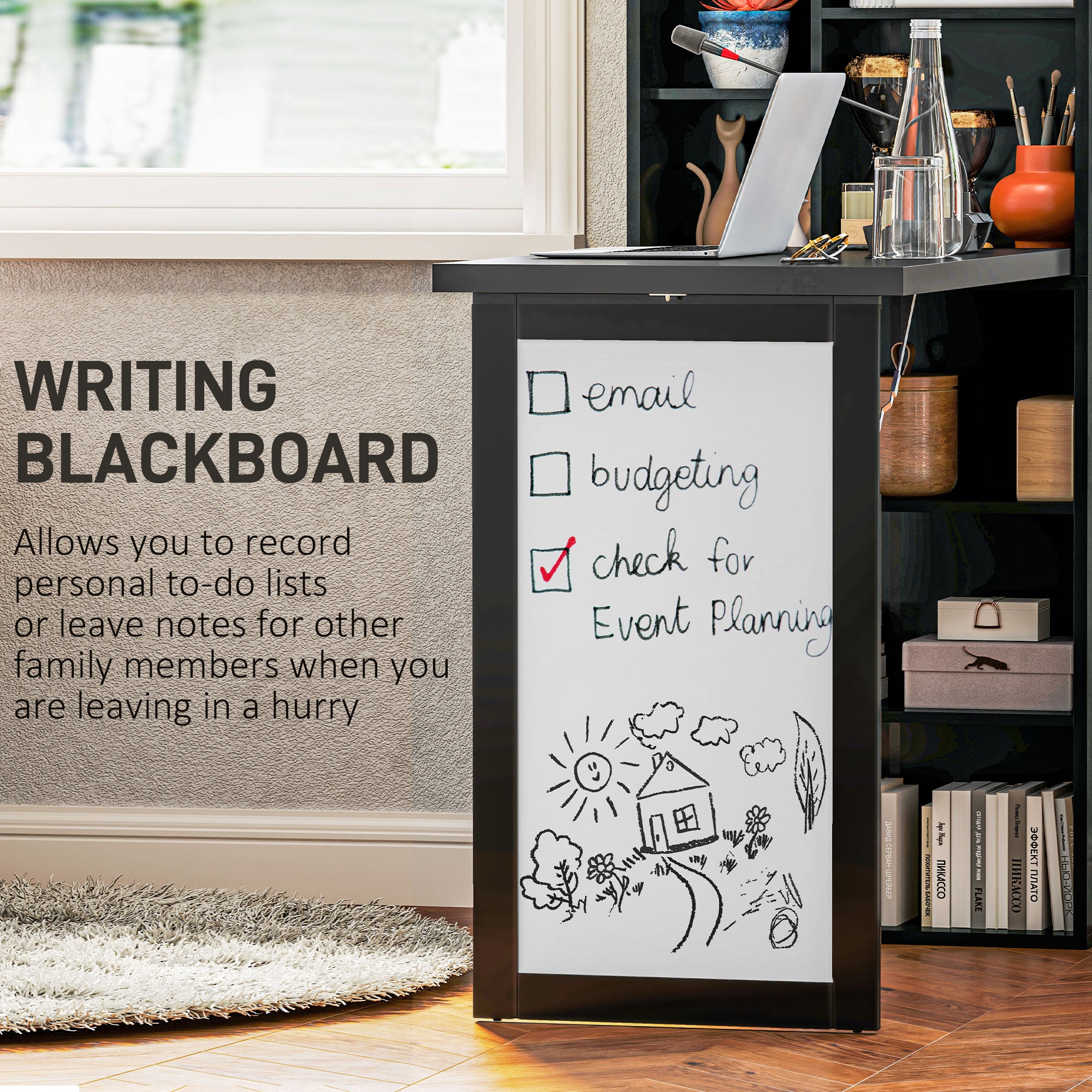 HOMCOM Wall Mounted Computer Desk, Folding Study Table with White Board and Bookshelf, Multifunctional Floating Writing Desk for Home Office, Black