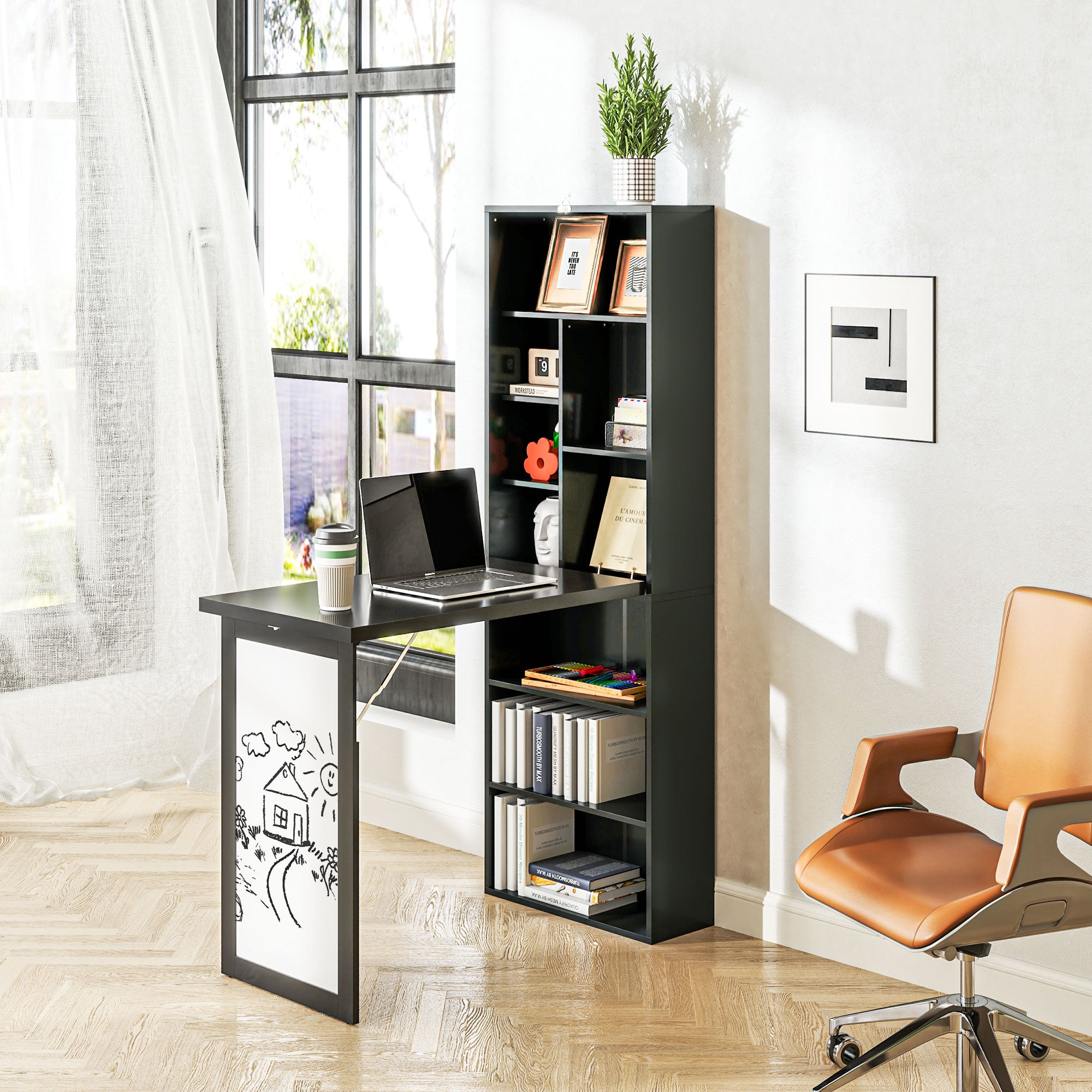HOMCOM Wall Mounted Computer Desk, Folding Study Table with White Board and Bookshelf, Multifunctional Floating Writing Desk for Home Office, Black