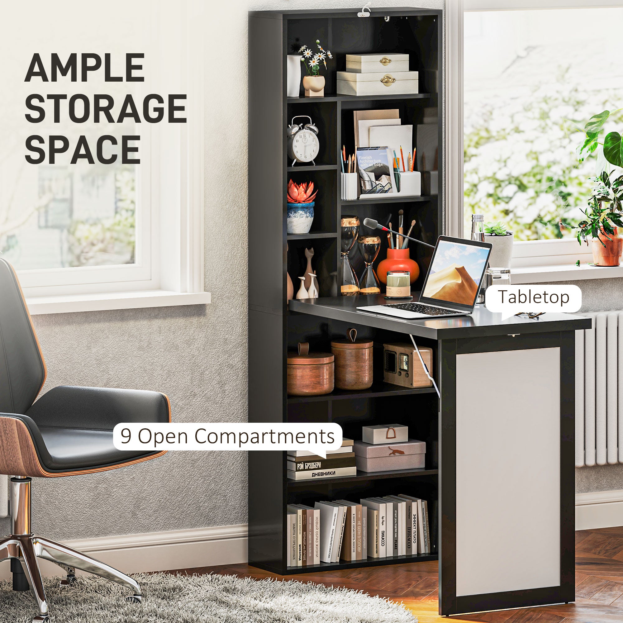 HOMCOM Wall Mounted Computer Desk, Folding Study Table with White Board and Bookshelf, Multifunctional Floating Writing Desk for Home Office, Black