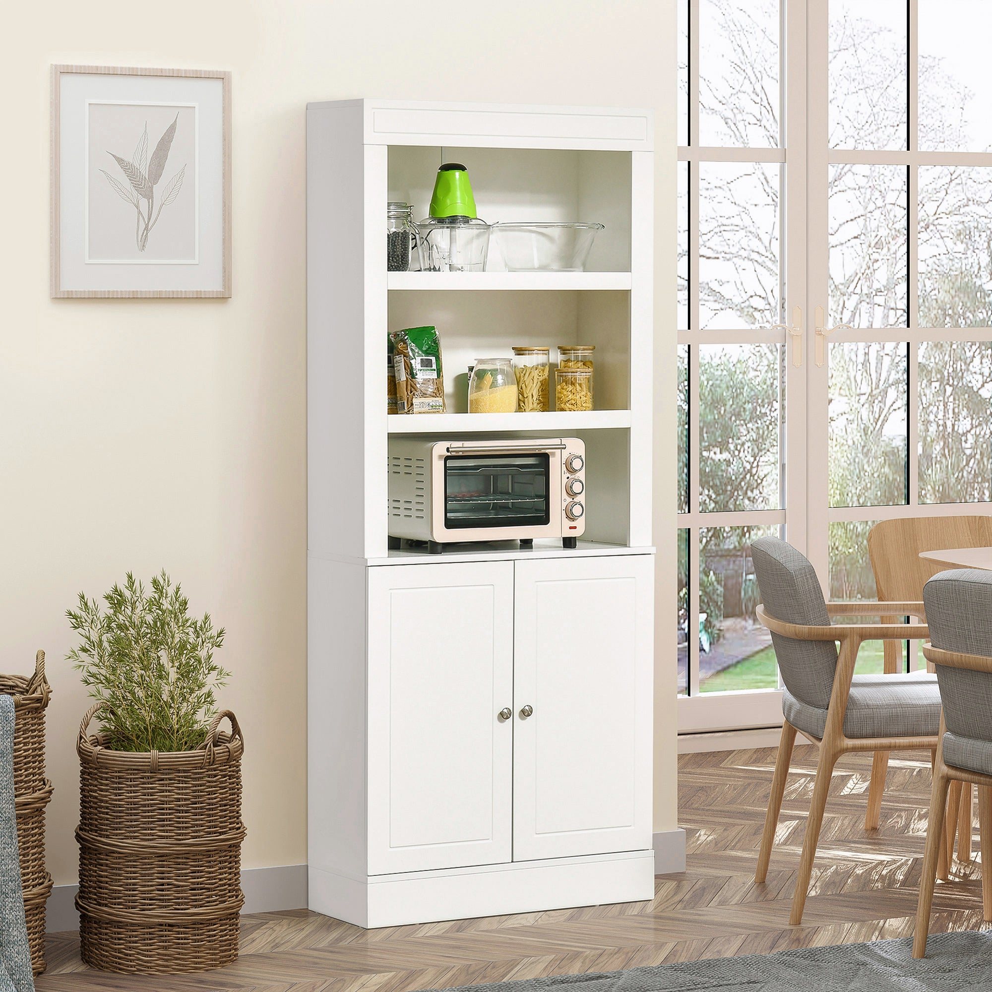 Kitchen Cupboard with 6-tier Shelving, Freestanding Storage Cabinet Sideboard, Pantry Cupboard with 3 Open Compartments and Double-door Cabinet with Adjustable Shelves, White