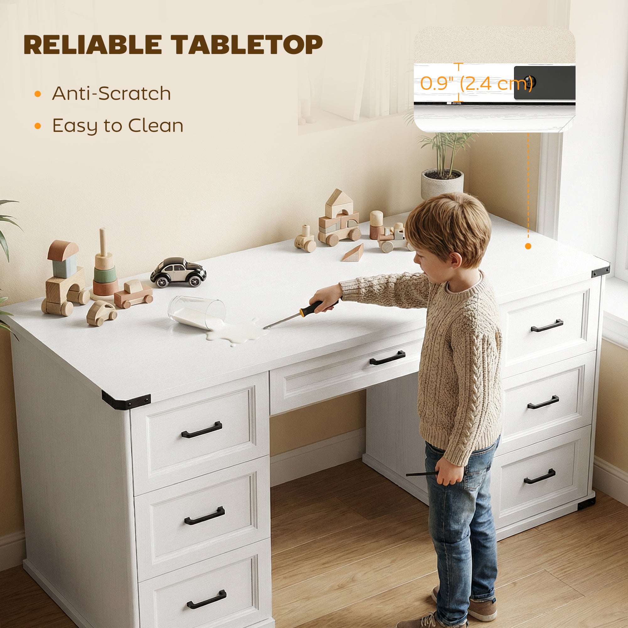 55" Farmhouse Executive Desk, Computer Desk with Drawers, Study Table for Home Office, Bedroom, White Wood Grain