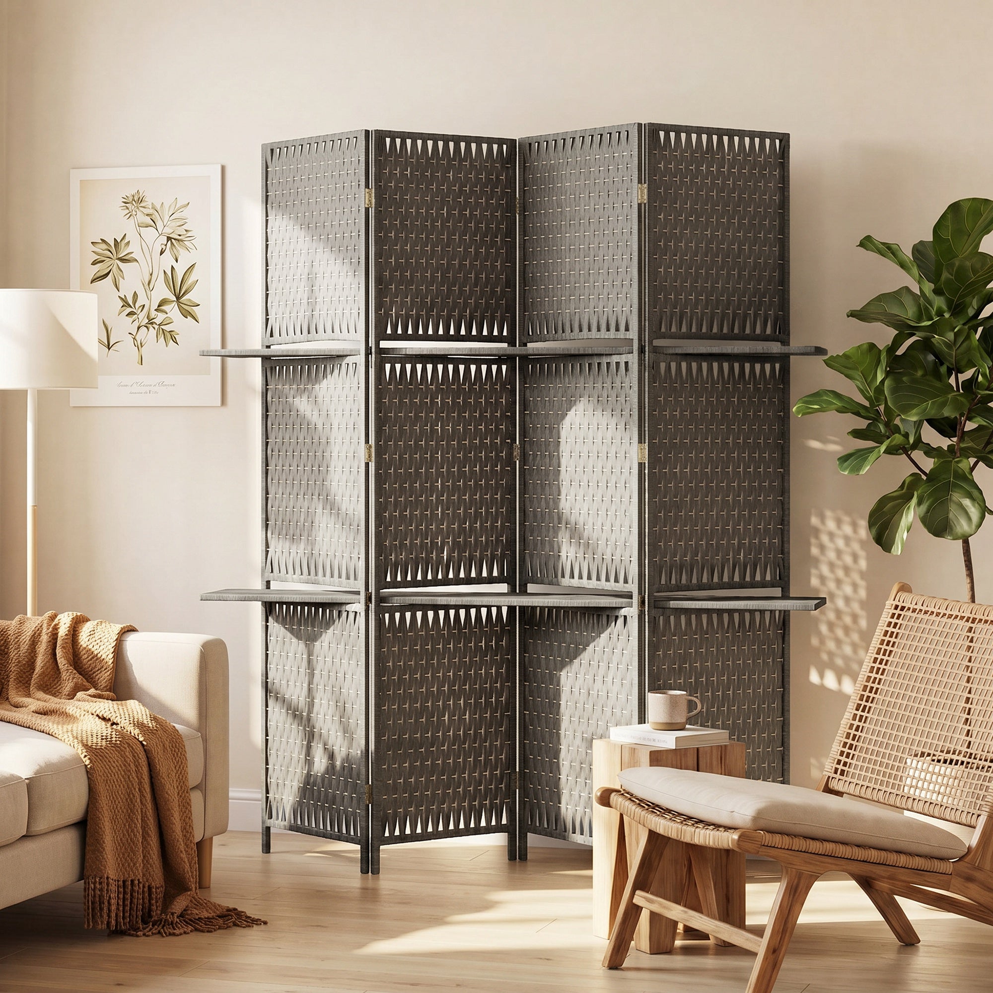 4-Panel Room Divider with Shelves, Wave Fibre Freestanding Folding Privacy Screen Panels, Partition Wall Divider for Indoor Bedroom Office, 180 cm, Grey