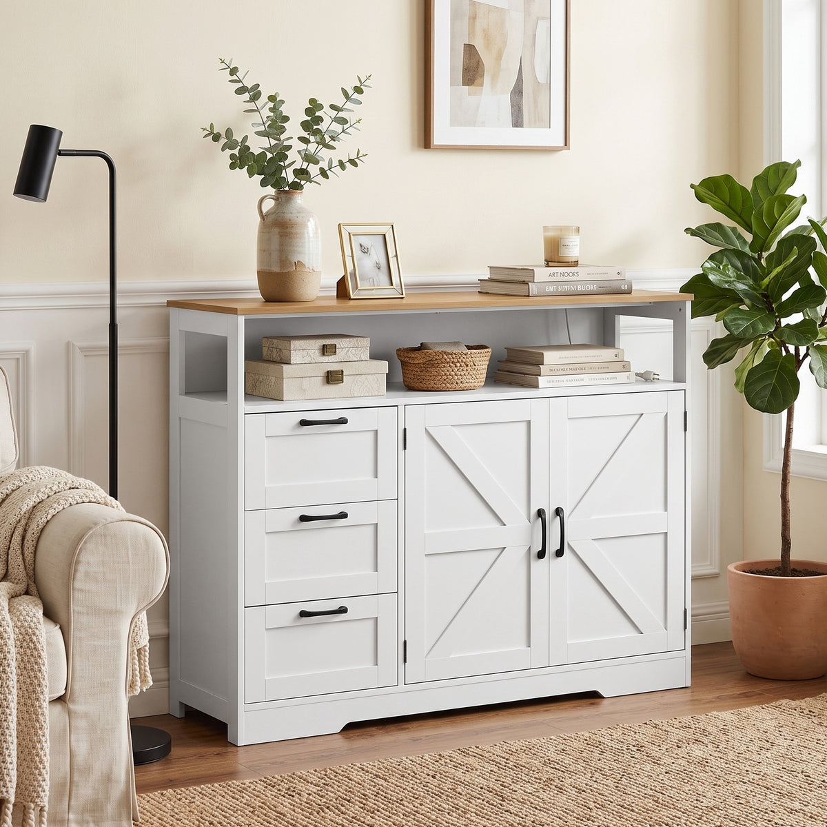 Sideboard Buffet Cabinet with Storage and Charging Station, 48" Farmhouse Kitchen Storage Cabinet with 3 Drawers and Open Shelf, Coffee Bar Station with Adjustable Shelf