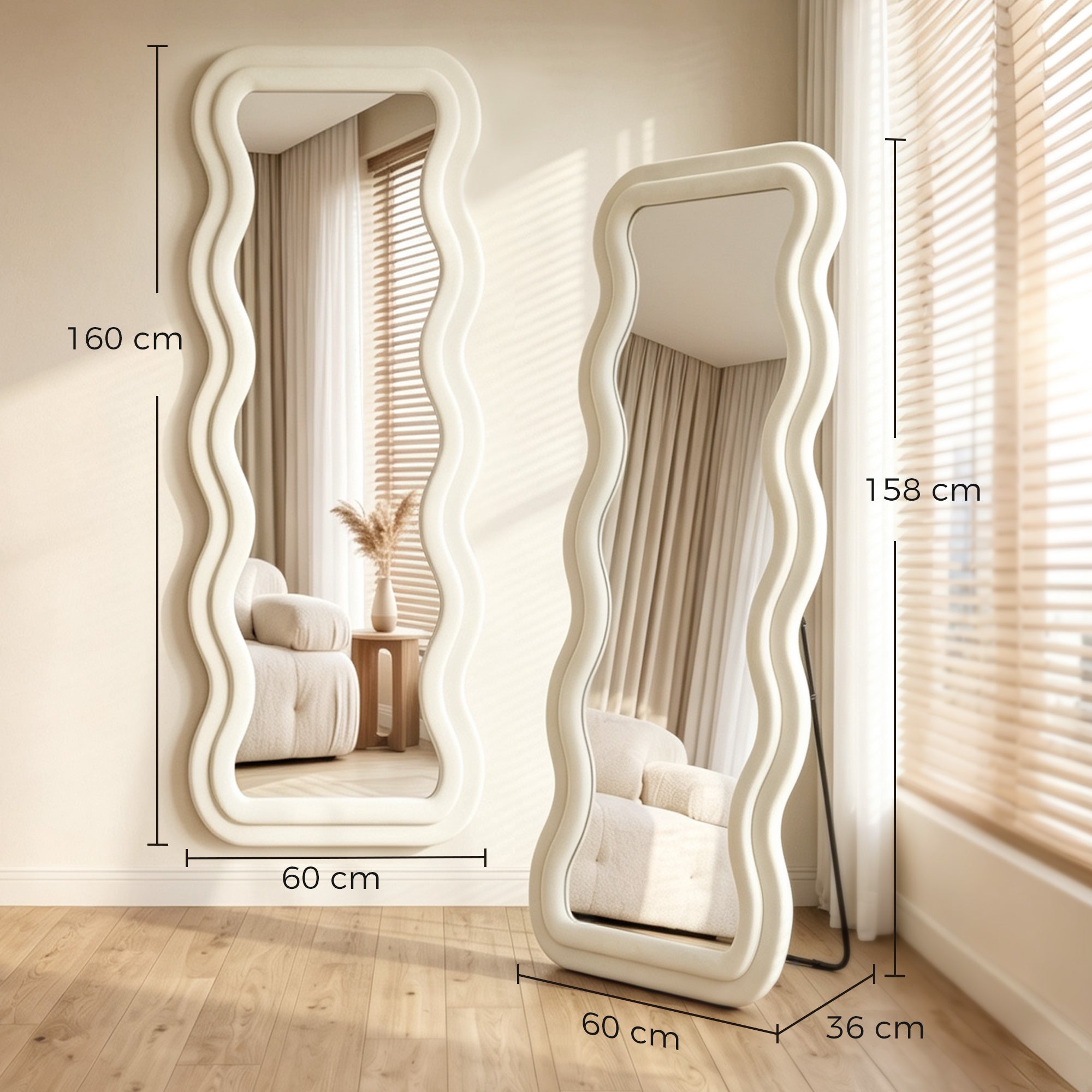 Full Length Mirror, 160 x 60 cm Wavy Large Full Body Standing Mirror with Velvet Frame, HD Tempered Glass, Floor Standing, Wall Hanging or Leaning for Bedroom,  Living Room, Cream White