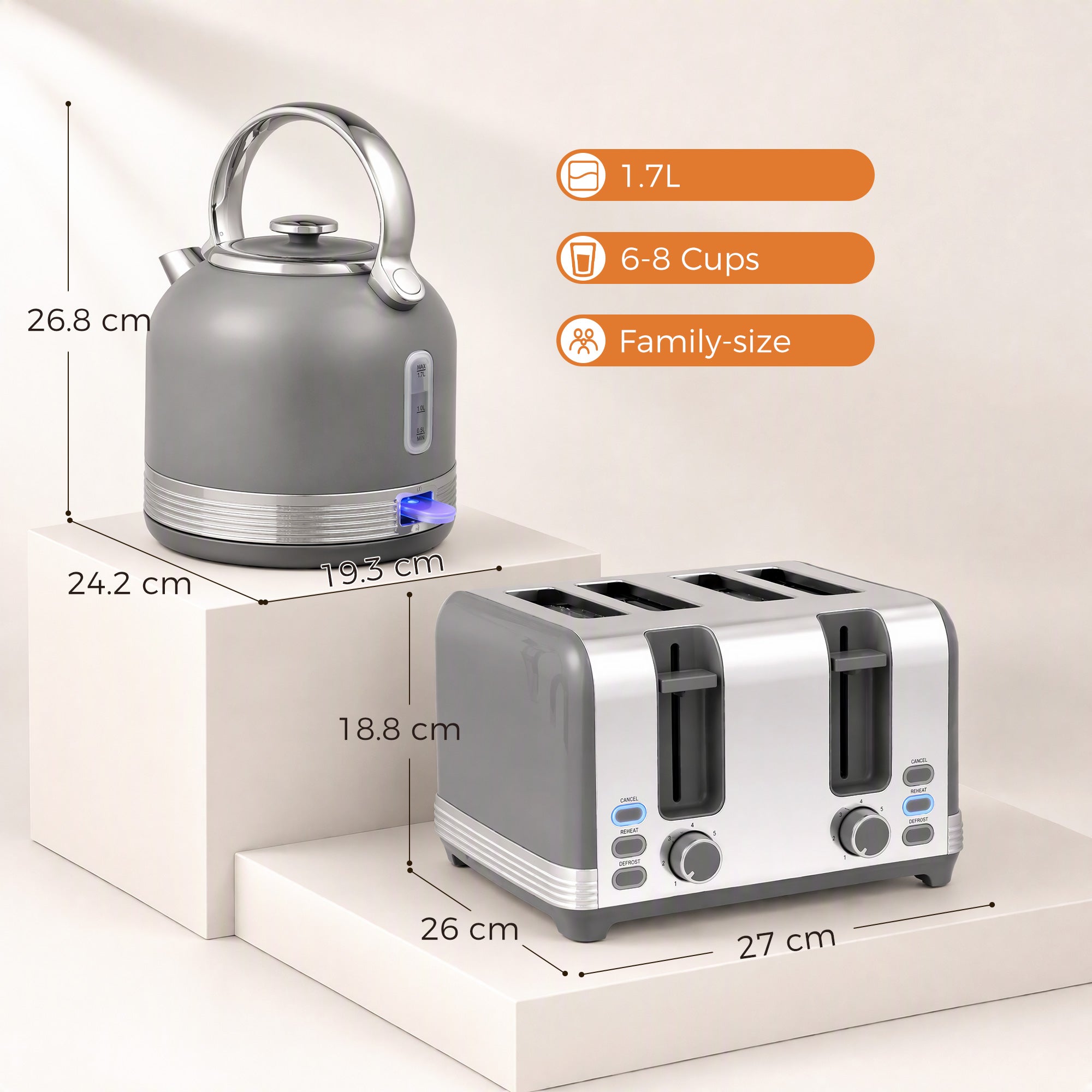 Stainless Steel Kettle and Toaster Set, 1.7L 3000W Cordless Fast Boil Kettle, 4 Slice Toaster Kitchen Set with 7 Level Browning Controls, Defrost, Reheat and Crumb Tray, Grey
