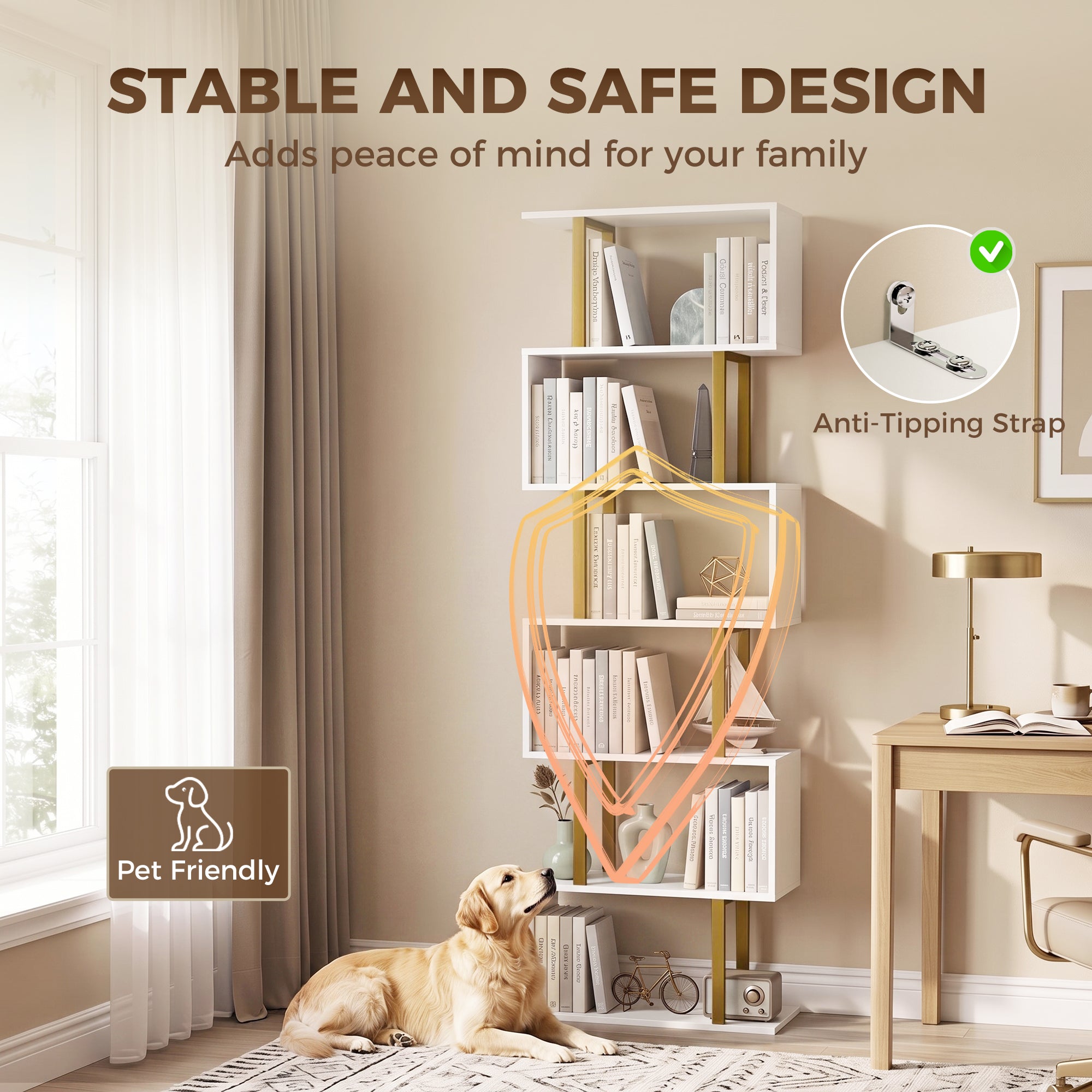 S-Shaped Bookshelf, 6-Tier Bookcase, Freestanding Storage Shelves with Anti-Tip Strap for Study, Living Room, White