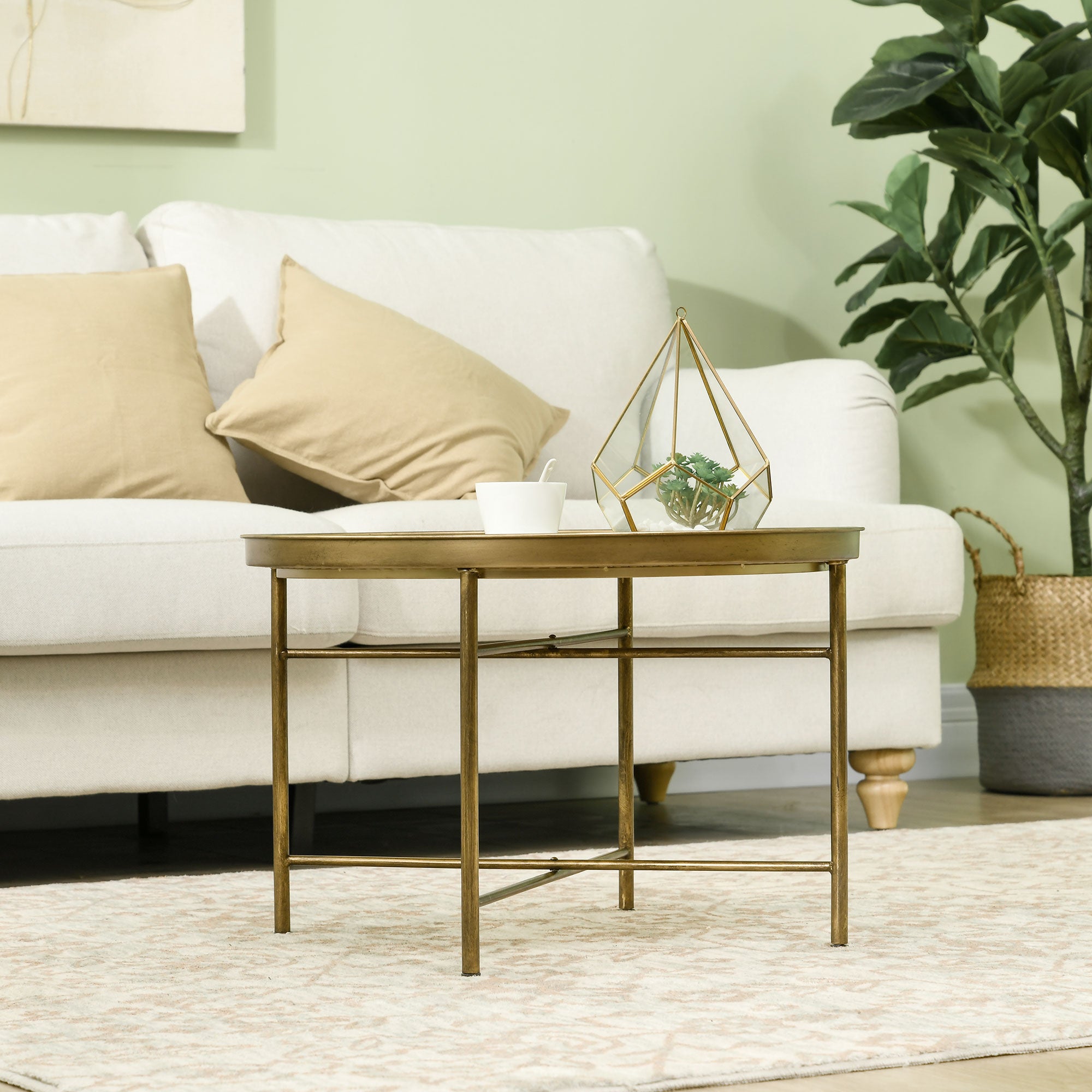 HOMCOM 24" Round Coffee Table with Hammered Drop Tray Top, Vintage Metal Center Table for Living Room, Side Table, Gold