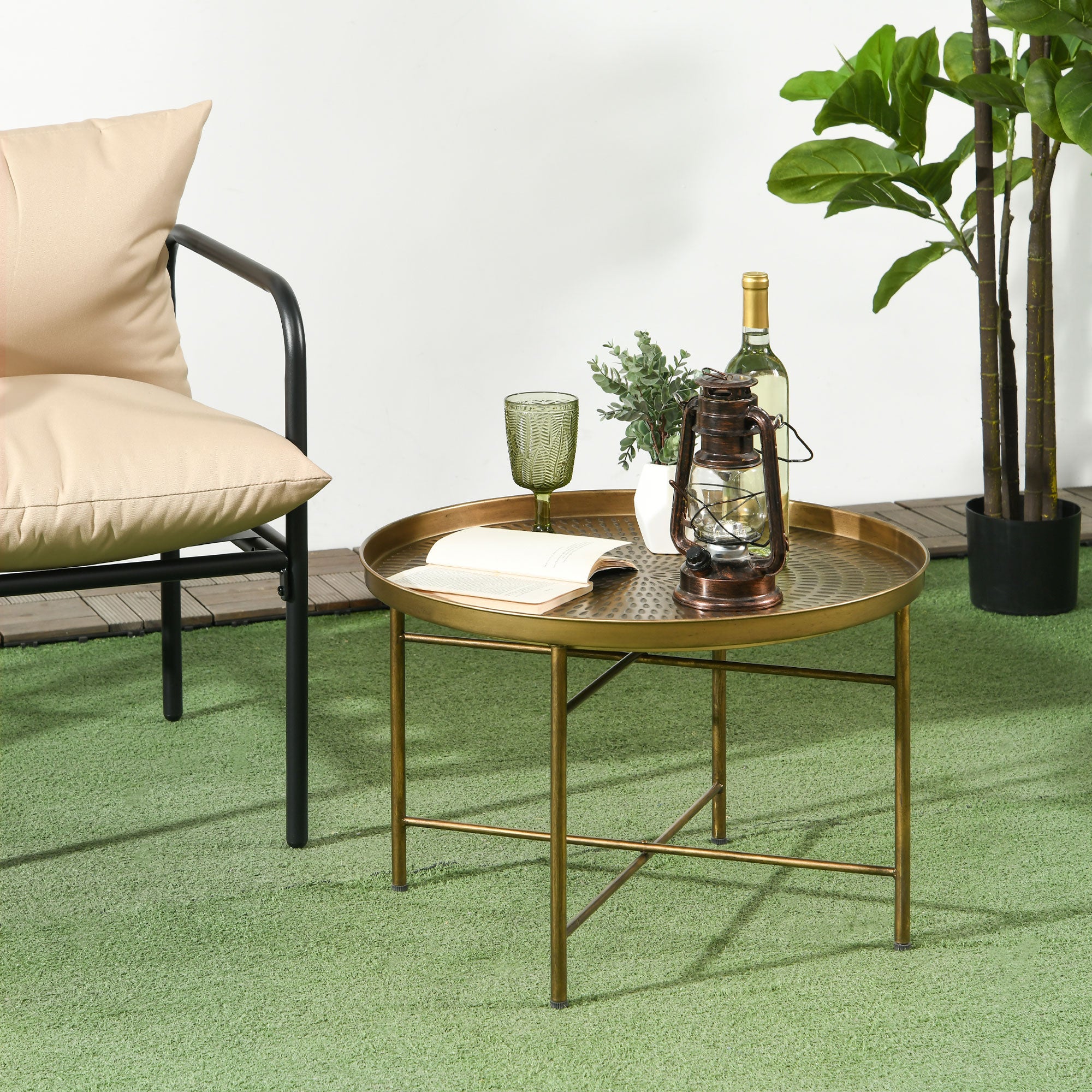 HOMCOM 24" Round Coffee Table with Hammered Drop Tray Top, Vintage Metal Center Table for Living Room, Side Table, Gold
