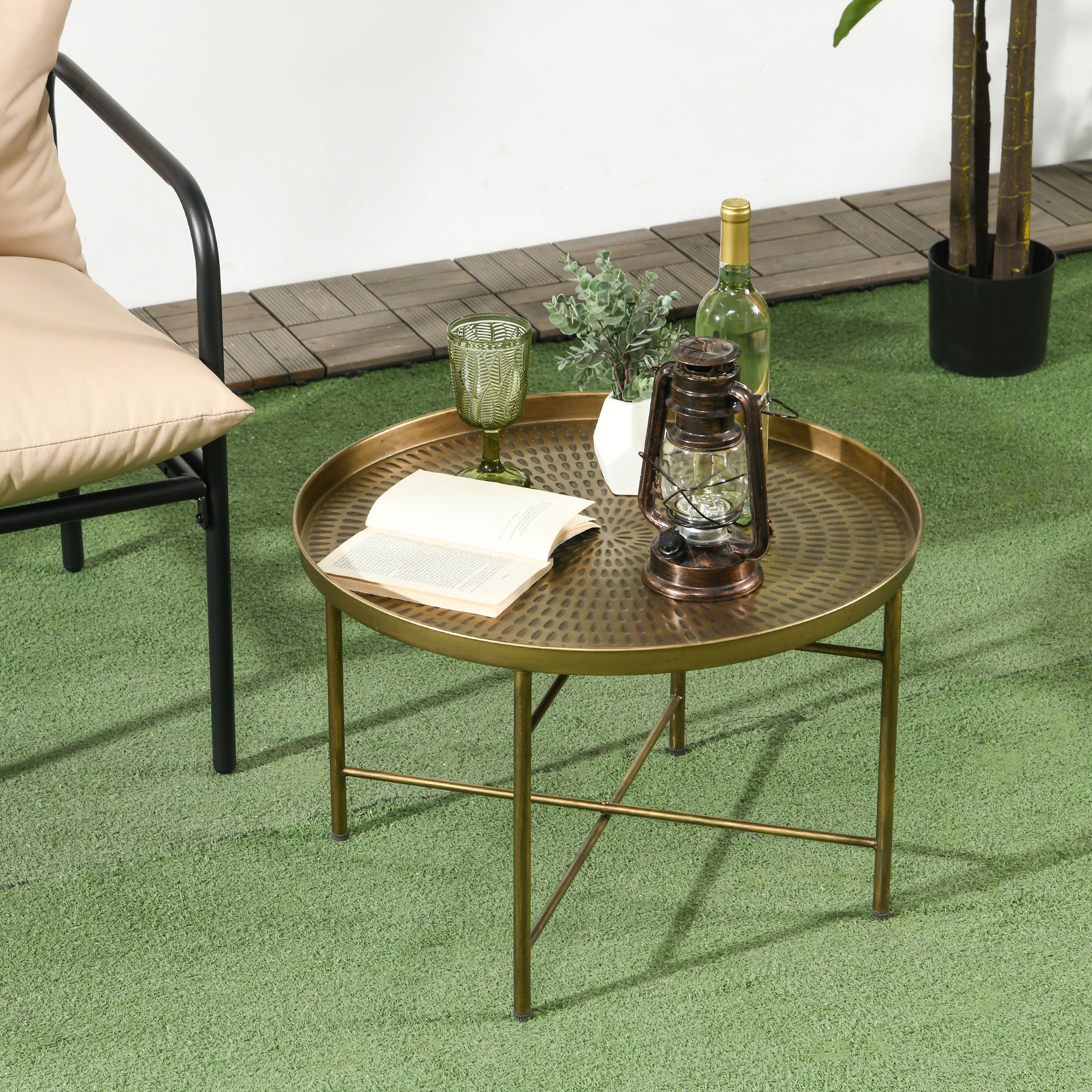 HOMCOM 24" Round Coffee Table with Hammered Drop Tray Top, Vintage Metal Center Table for Living Room, Side Table, Gold