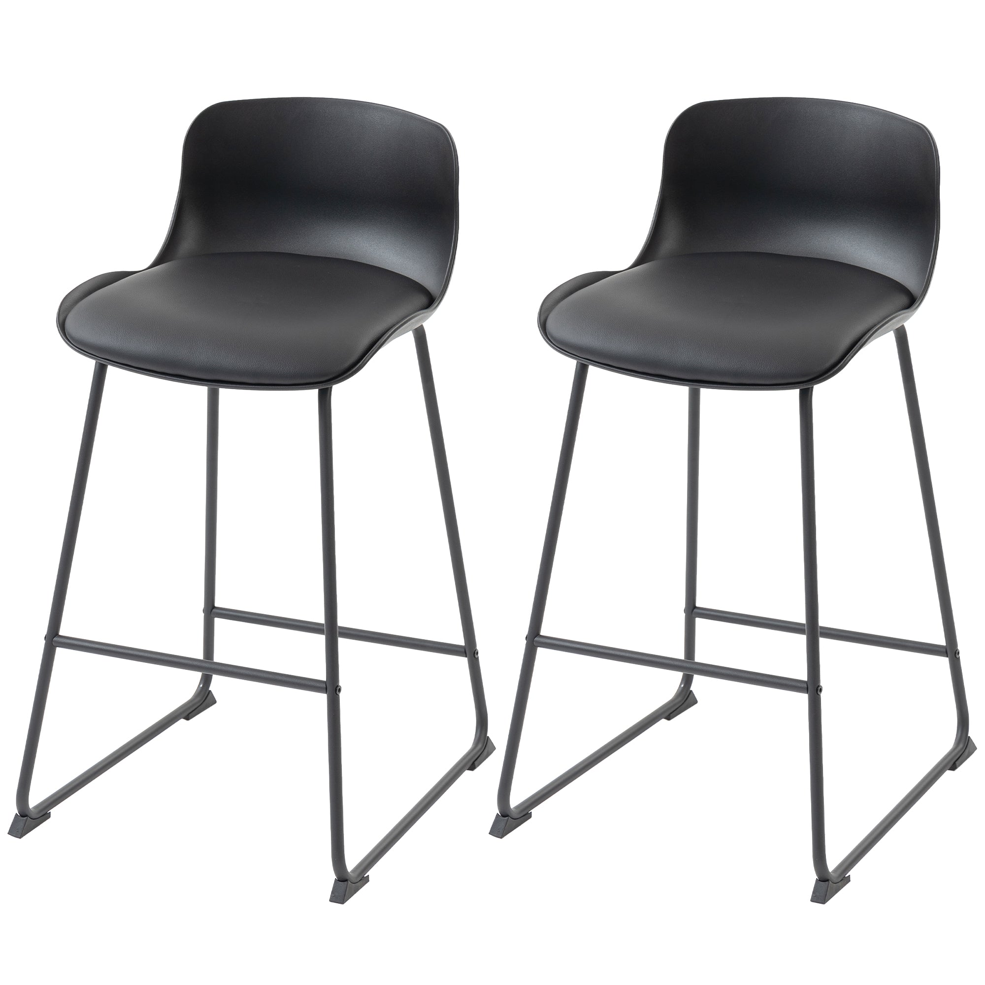 Modern Bar Stools Set of 2, PU Leather Upholstered Barstools, Counter Height Kitchen Chairs with Footrest for Breakfast Bars, Dining Room, Black