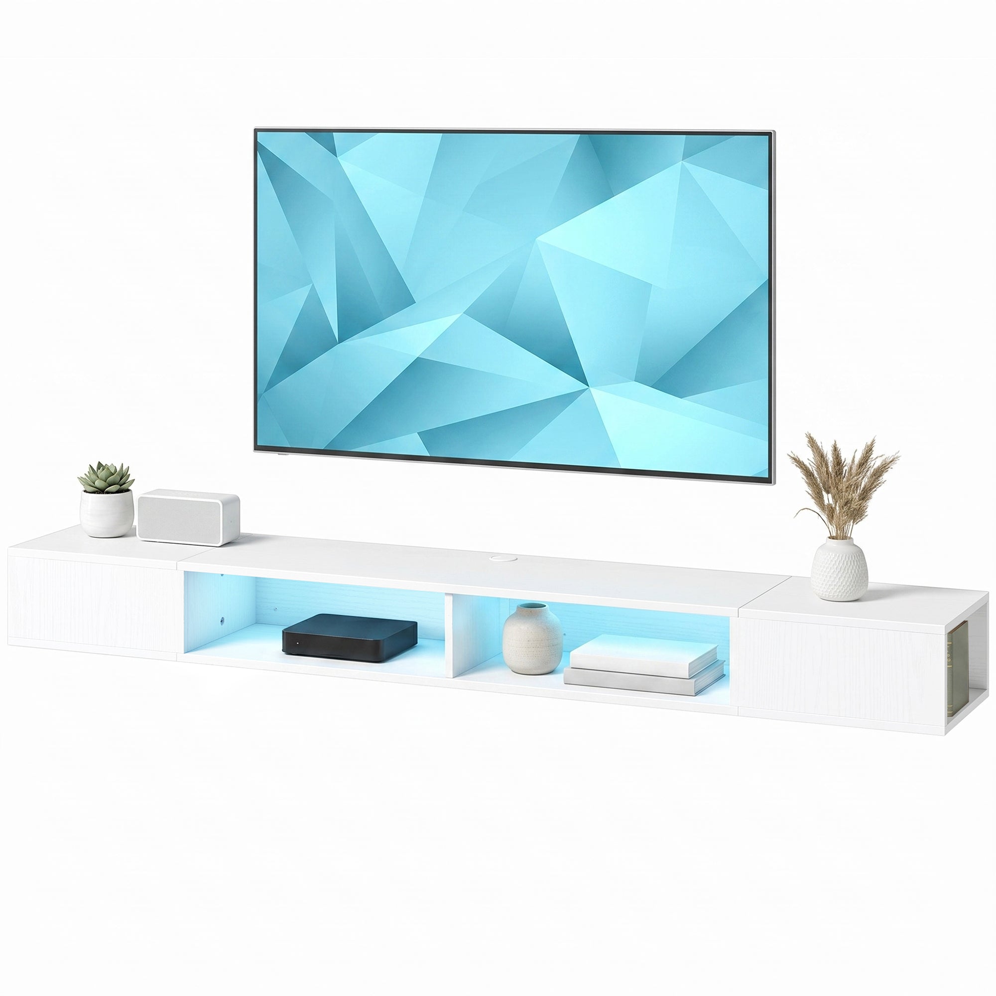 TV Stand for TVs up to 75 Inch, Modern Entertainment Center with RGB LED Lights, Floating Wall-Mounted Media Console with Open Shelves for Living Room, White Wood Grain