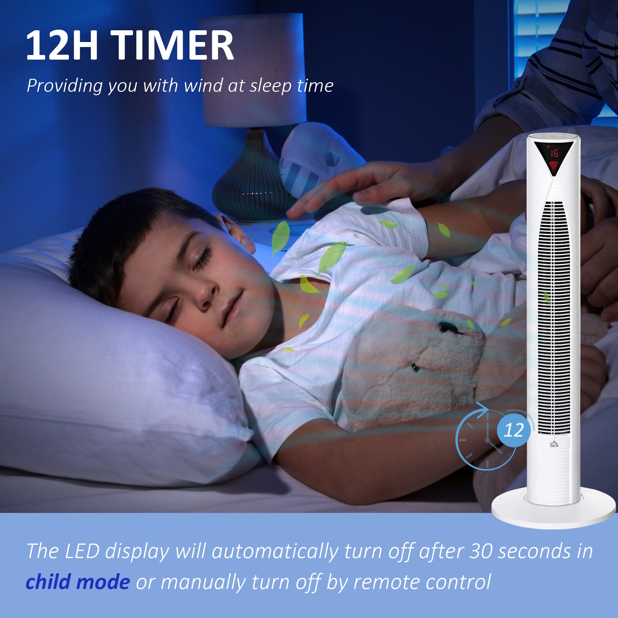 Freestanding Tower Fan Cooling for Home Bedroom with Oscillating, 4 Modes, 3 Speeds, 12h Timer, LED Sensor Panel, Remote Controller, White