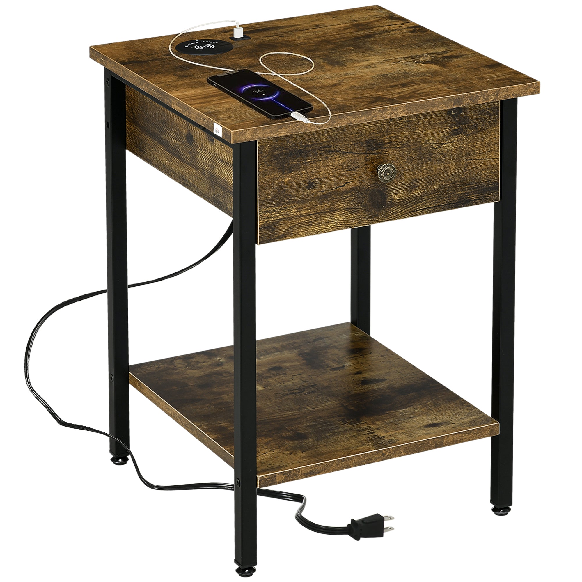 End Table with Wireless Charging Station 2 USB Ports Rustic Brown