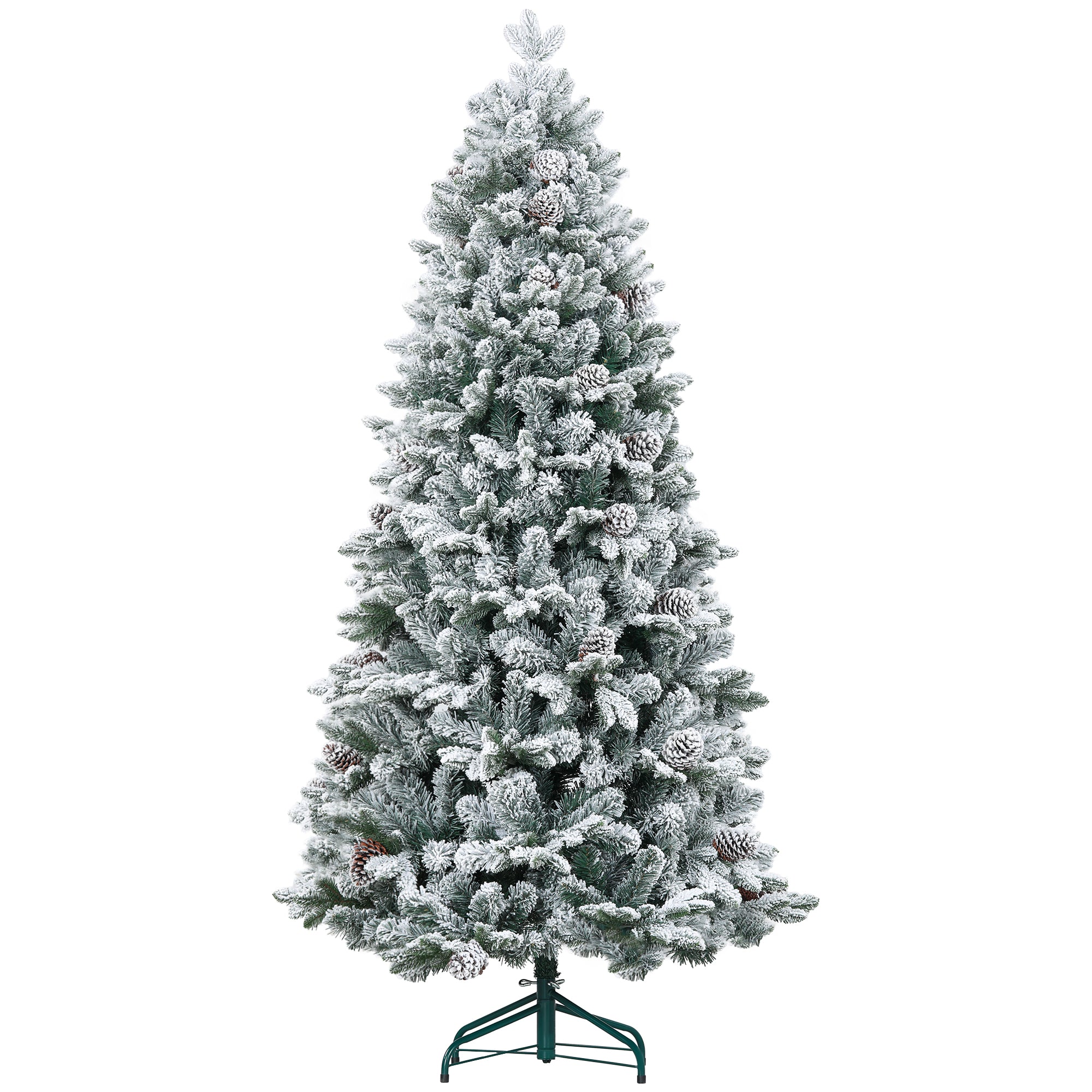 HOMCOM 6ft Artificial Flocked Christmas Tree with 1489 Snow Tips, Pinecones, Metal Stand, Hinged Xmas Tree for Home Office Holiday, Green