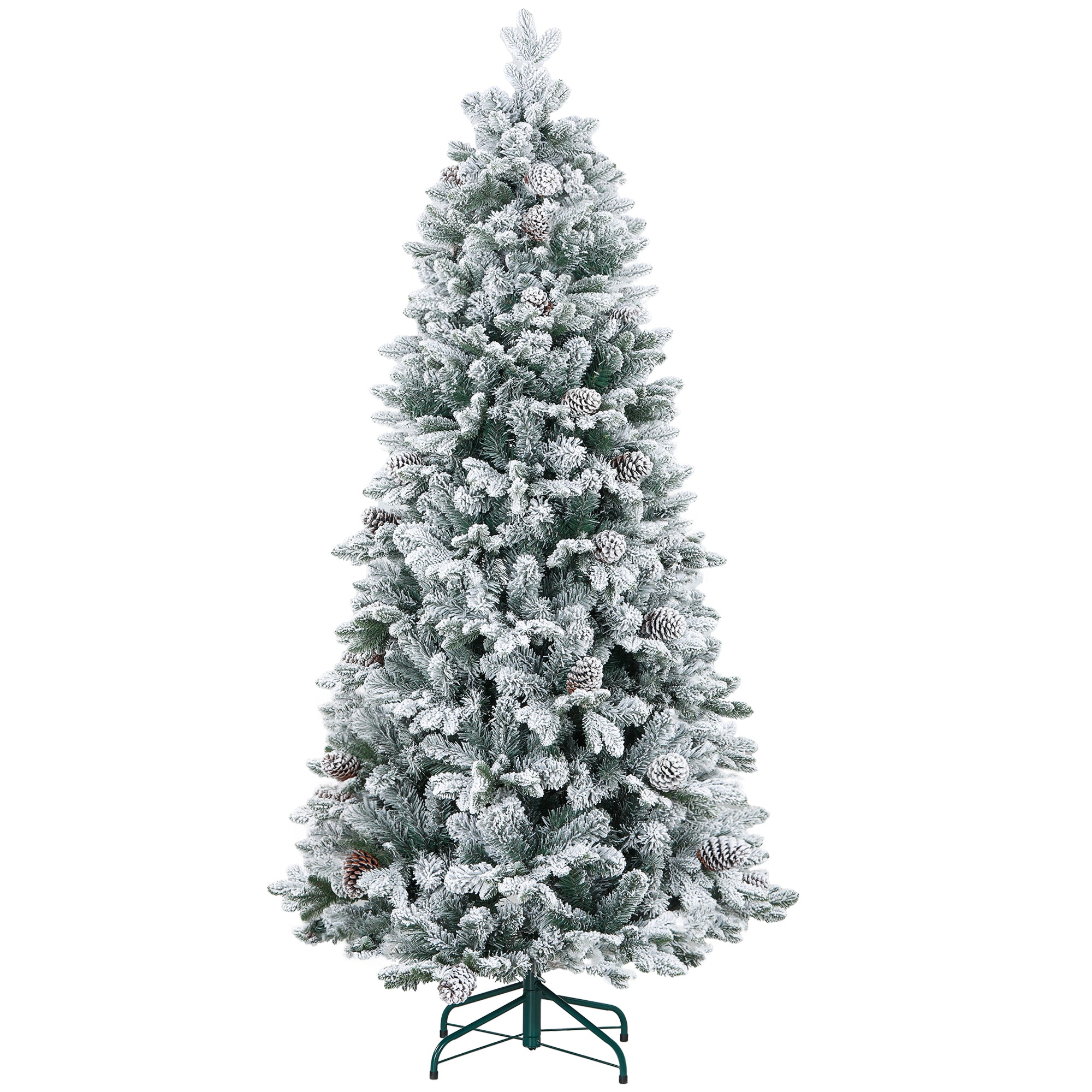 HOMCOM 6ft Artificial Flocked Christmas Tree with 1489 Snow Tips, Pinecones, Metal Stand, Hinged Xmas Tree for Home Office Holiday, Green