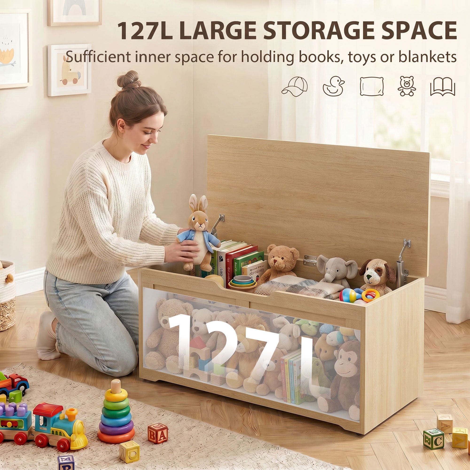 127L Storage Chest, Shoe Storage Trunk Bench Box with 2 Safety Hinges and U-shaped Cut-out Pull, Blanket Box Ottoman for Bedroom, Living Room, Entryway, 100 x 40 x 45 cm, Nature Wood Finish