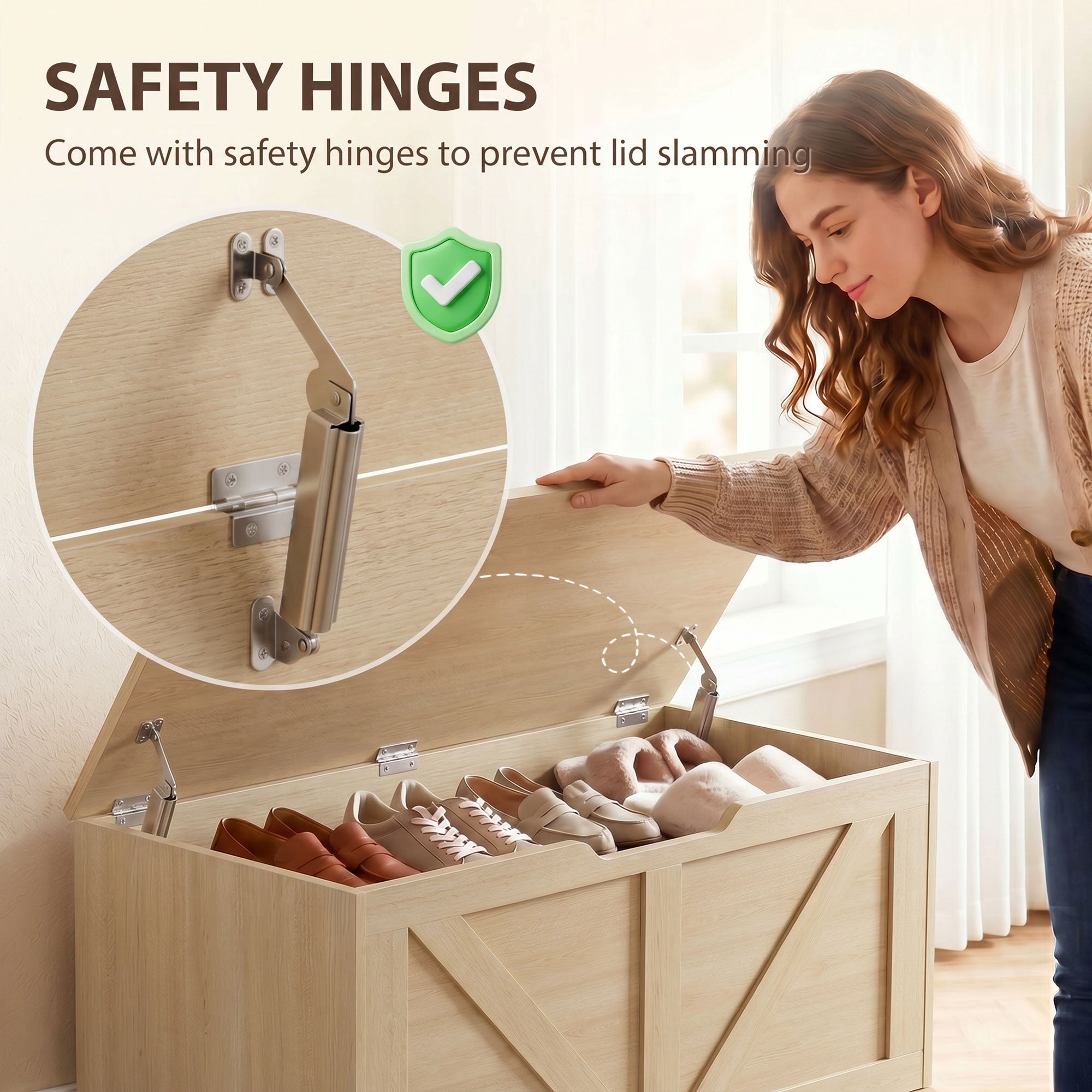 127L Storage Chest, Shoe Storage Trunk Bench Box with 2 Safety Hinges and U-shaped Cut-out Pull, Blanket Box Ottoman for Bedroom, Living Room, Entryway, 100 x 40 x 45 cm, Nature Wood Finish