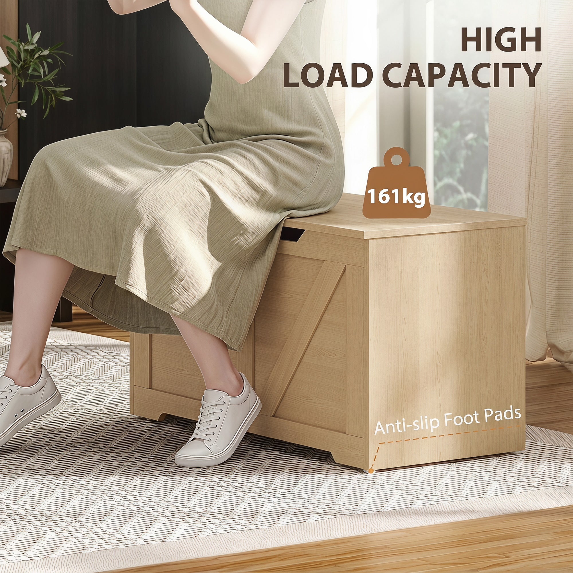 127L Storage Chest, Shoe Storage Trunk Bench Box with 2 Safety Hinges and U-shaped Cut-out Pull, Blanket Box Ottoman for Bedroom, Living Room, Entryway, 100 x 40 x 45 cm, Nature Wood Finish